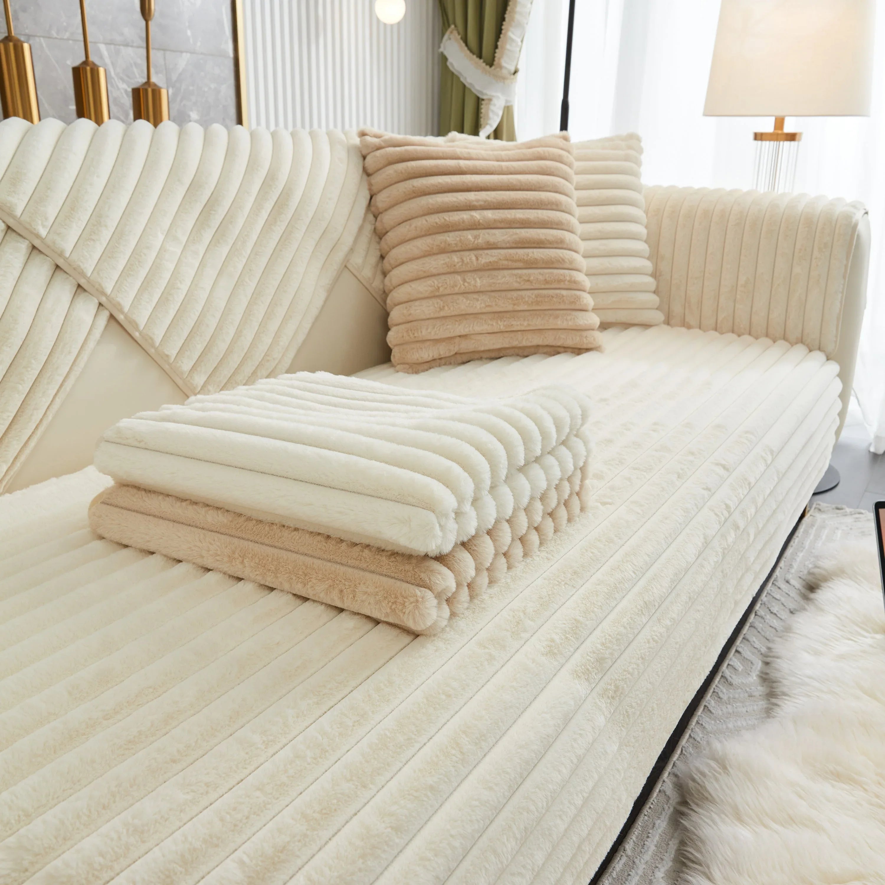 Winter Thickened Rabbit Plush Non-slip Sofa Cushion, Faux Fur Fluffy Furniture Protector - TaroTextile