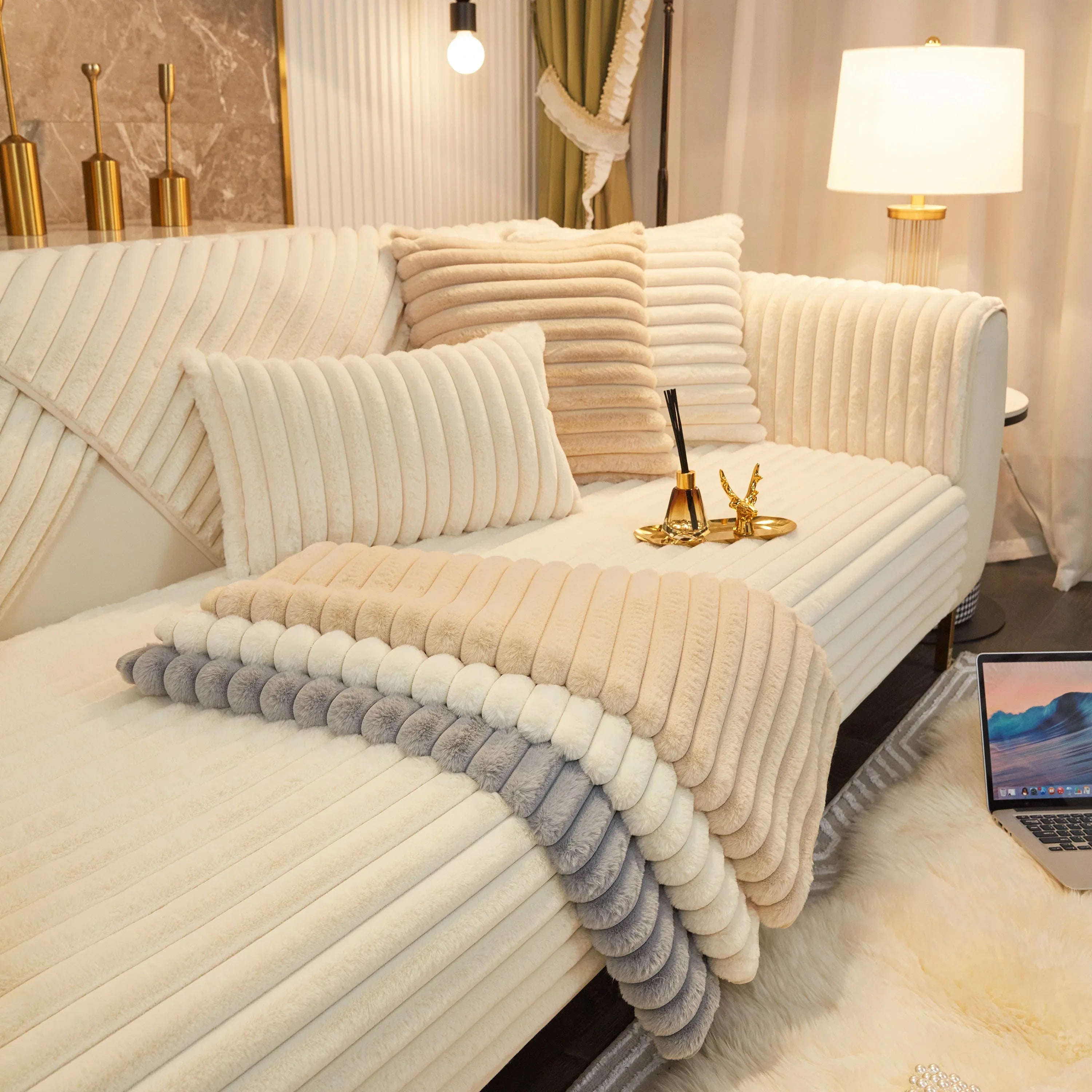 Winter Thickened Rabbit Plush Non-slip Sofa Cushion, Faux Fur Fluffy Furniture Protector - TaroTextile