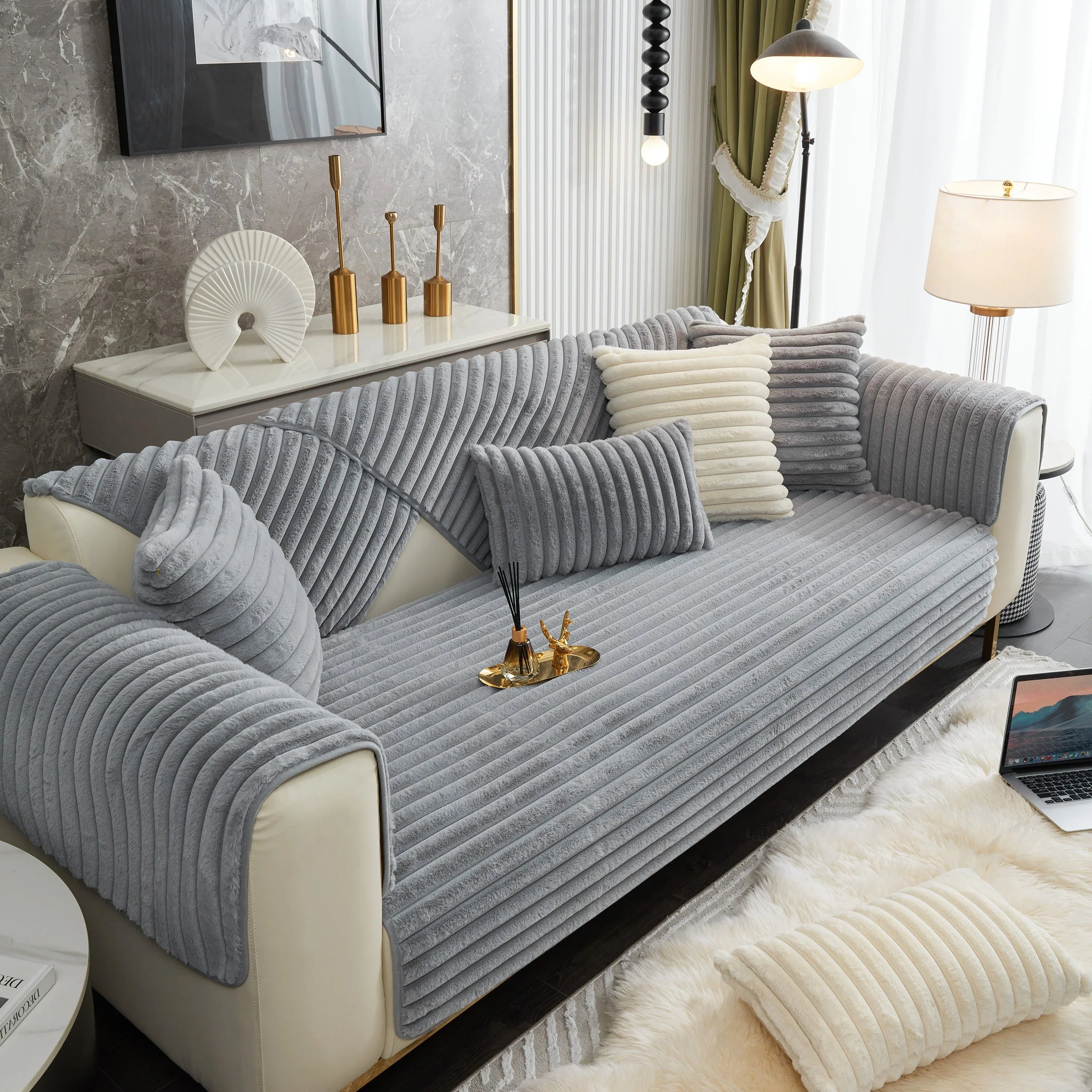 Winter Thickened Rabbit Plush Non-slip Sofa Cushion, Faux Fur Fluffy Furniture Protector - TaroTextile