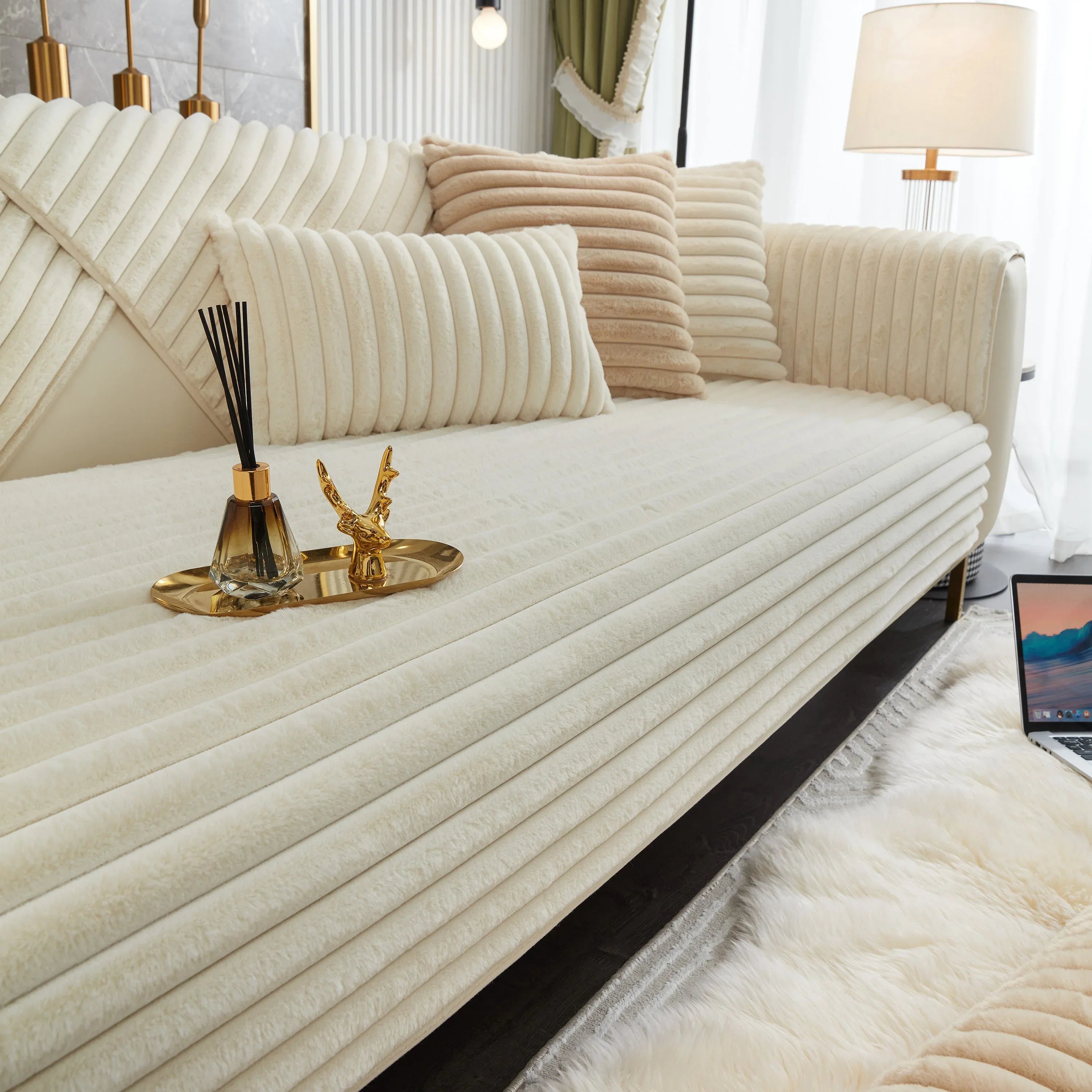 Winter Thickened Rabbit Plush Non-slip Sofa Cushion, Faux Fur Fluffy Furniture Protector - TaroTextile