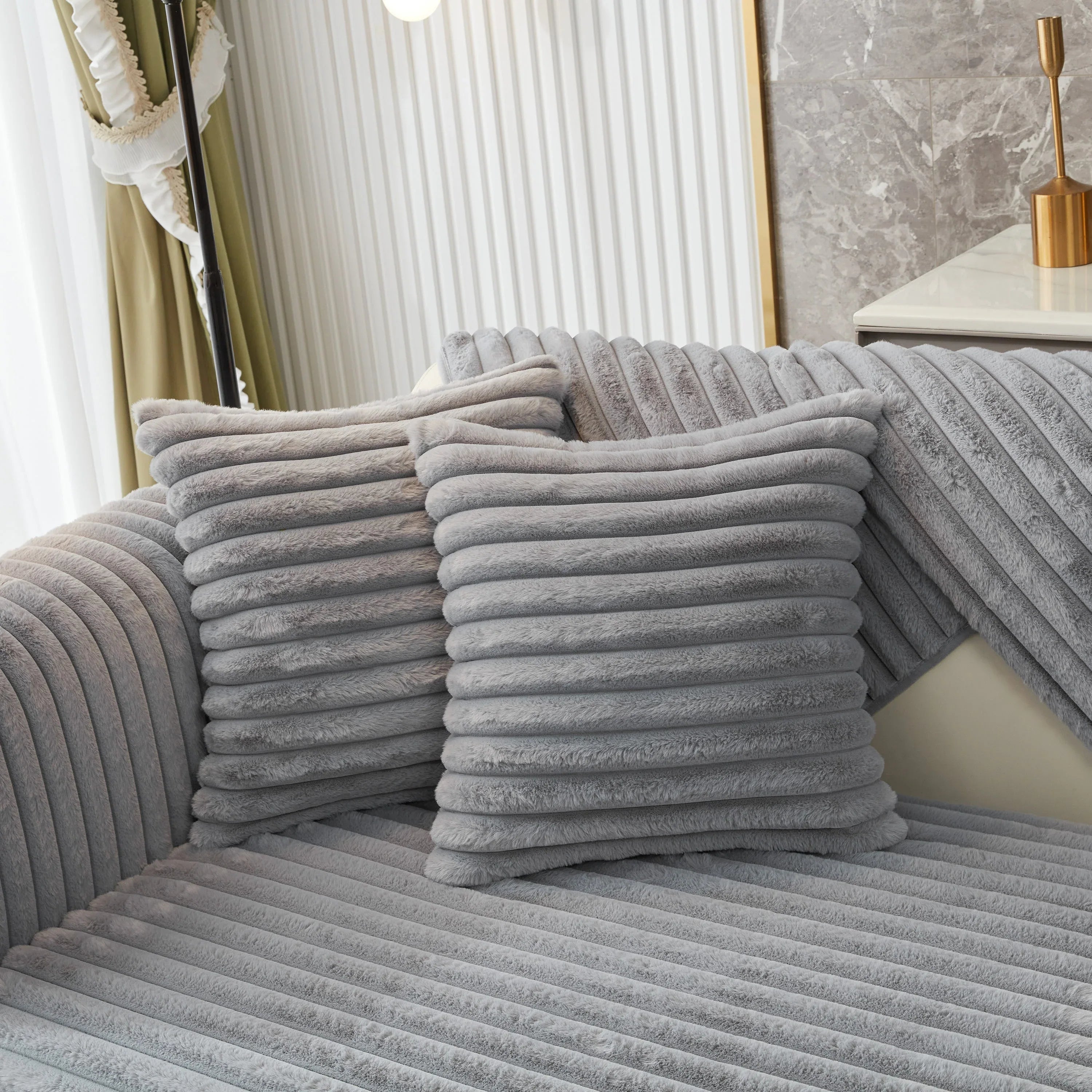 Winter Thickened Rabbit Plush Non-slip Sofa Cushion, Faux Fur Fluffy Furniture Protector - TaroTextile