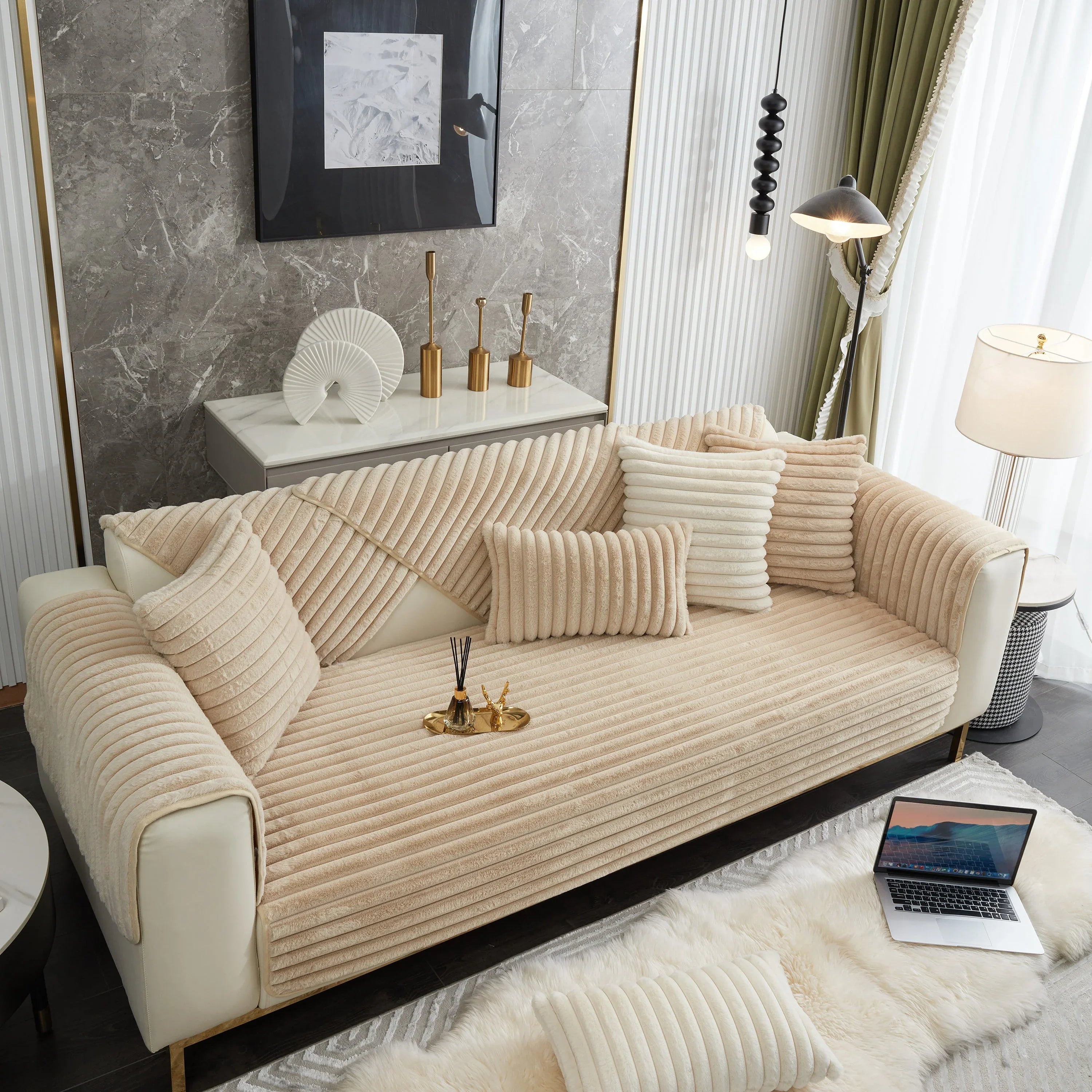 Winter Thickened Rabbit Plush Non-slip Sofa Cushion, Faux Fur Fluffy Furniture Protector - TaroTextile