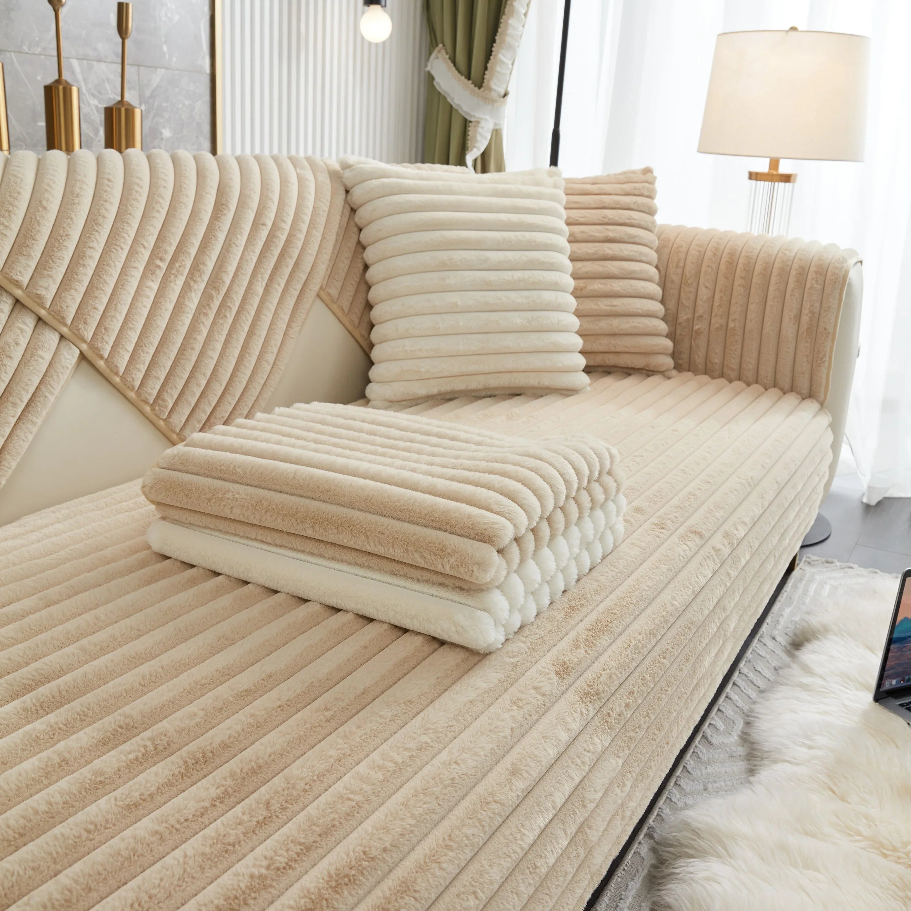 Winter Thickened Rabbit Plush Non-slip Sofa Cushion, Faux Fur Fluffy Furniture Protector - TaroTextile