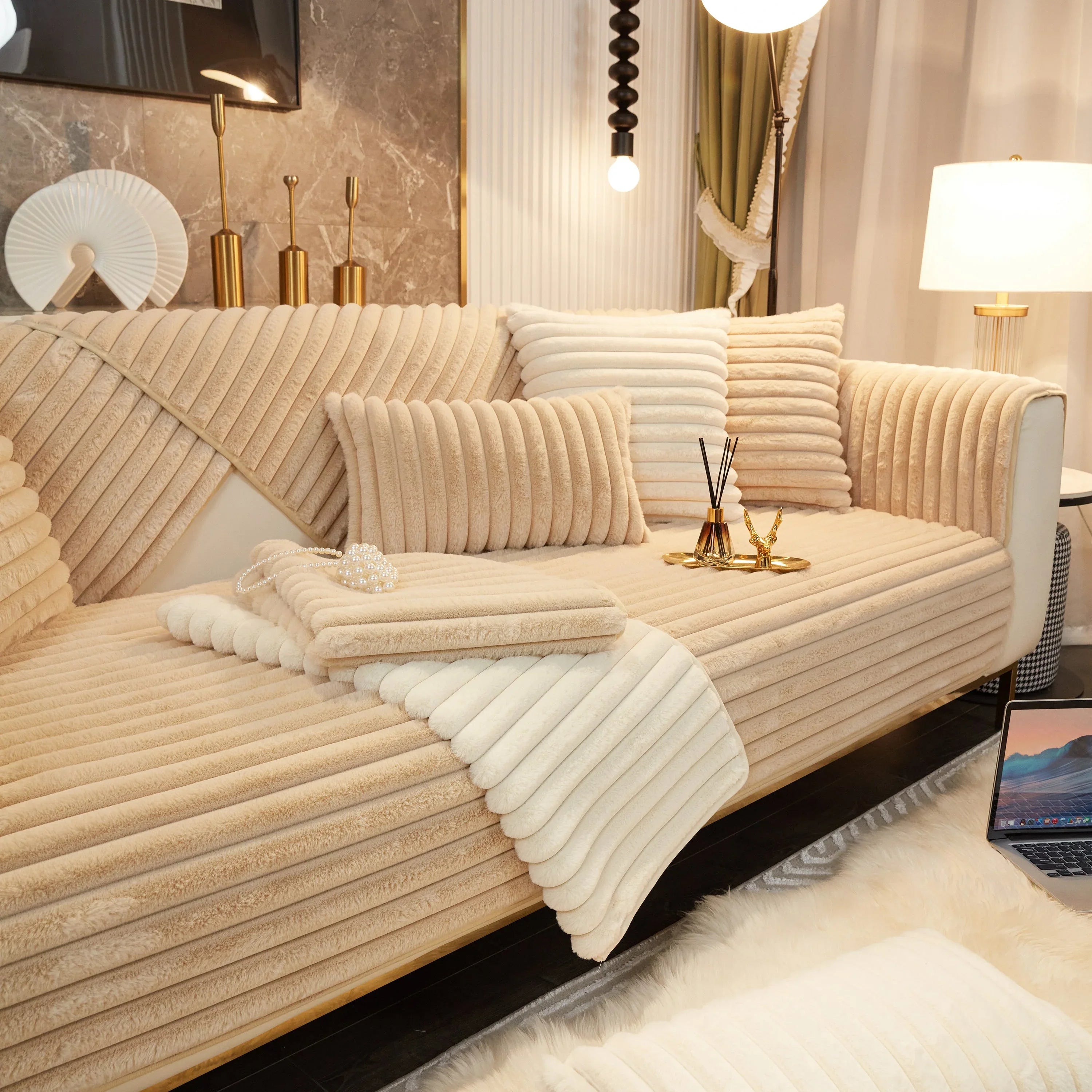 Winter Thickened Rabbit Plush Non-slip Sofa Cushion, Faux Fur Fluffy Furniture Protector - TaroTextile