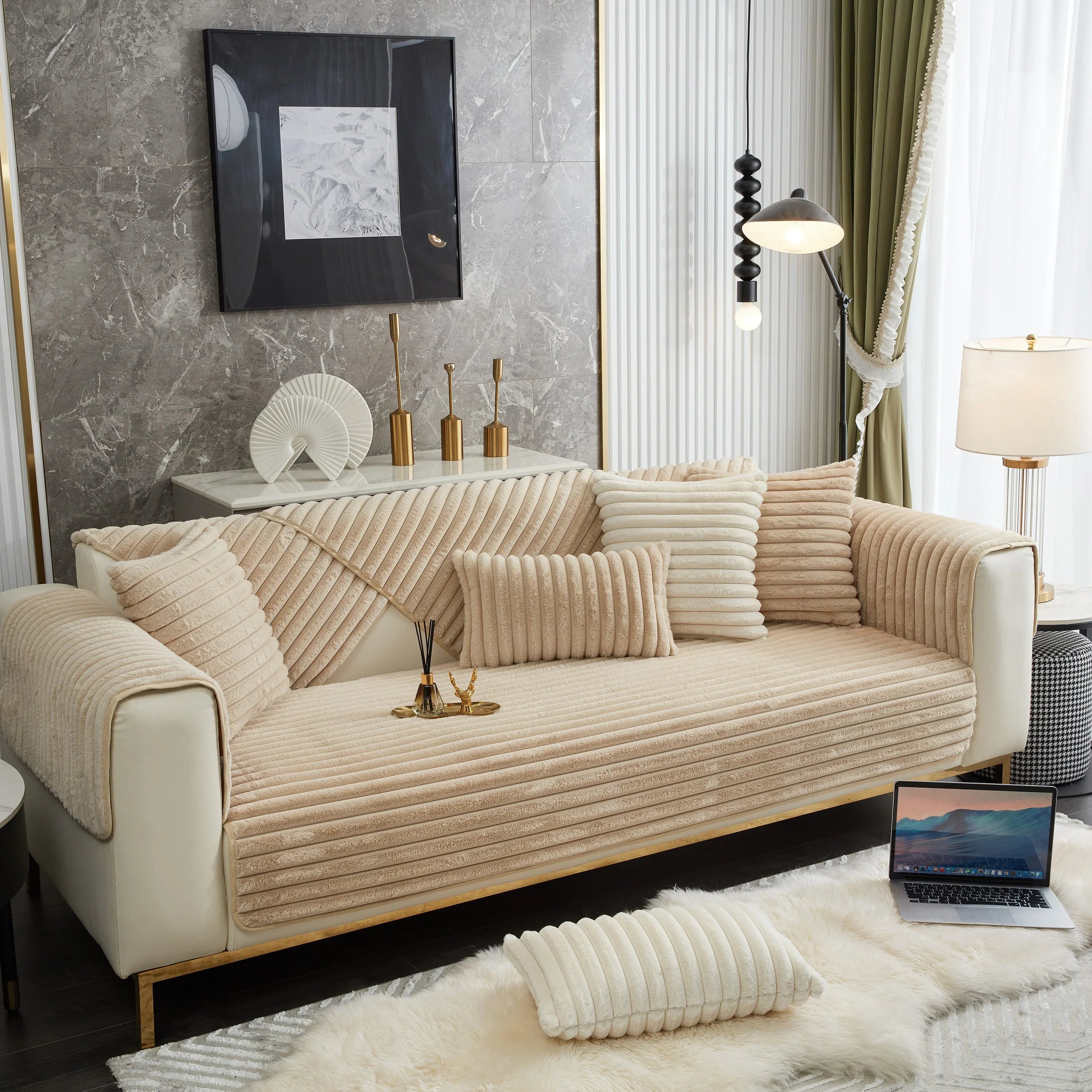 Winter Thickened Rabbit Plush Non-slip Sofa Cushion, Faux Fur Fluffy Furniture Protector - TaroTextile