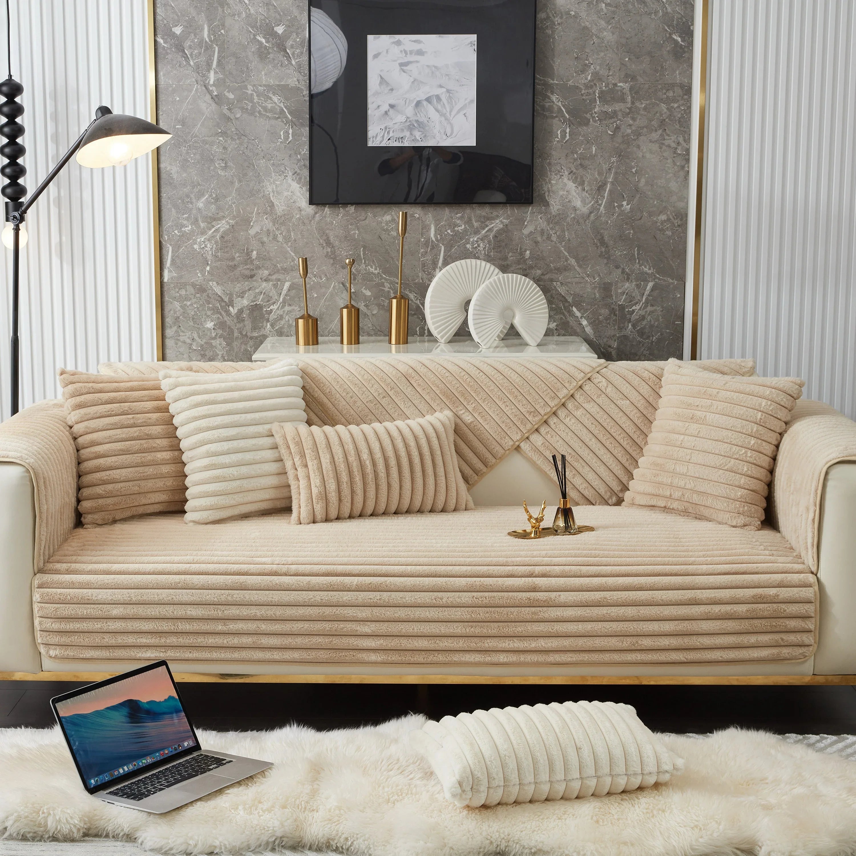 Winter Thickened Rabbit Plush Non-slip Sofa Cushion, Faux Fur Fluffy Furniture Protector - TaroTextile