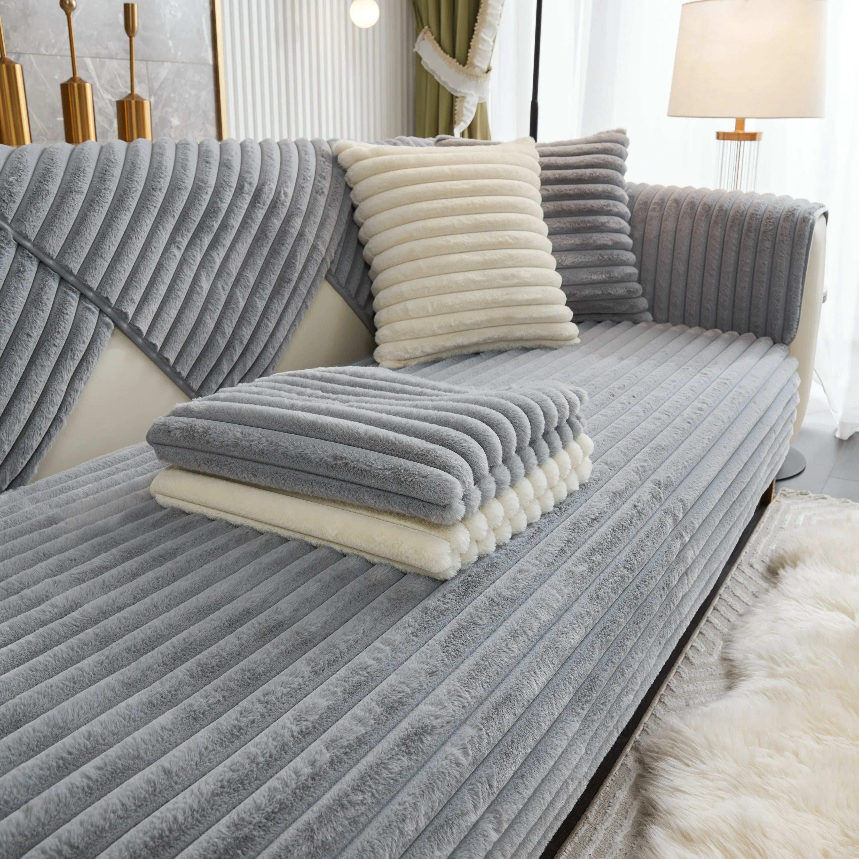 Winter Thickened Rabbit Plush Non-slip Sofa Cushion, Faux Fur Fluffy Furniture Protector - TaroTextile