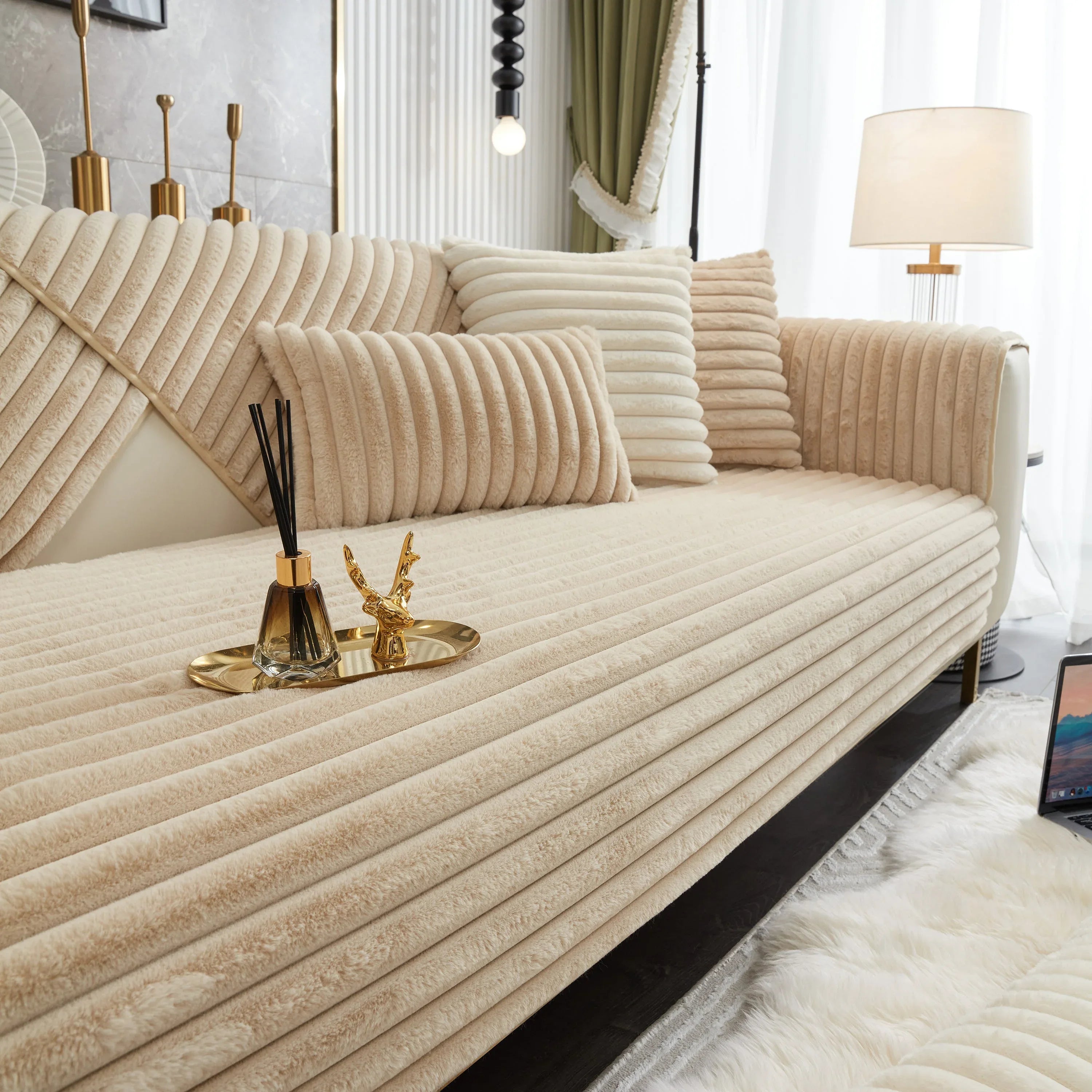 Winter Thickened Rabbit Plush Non-slip Sofa Cushion, Faux Fur Fluffy Furniture Protector - TaroTextile