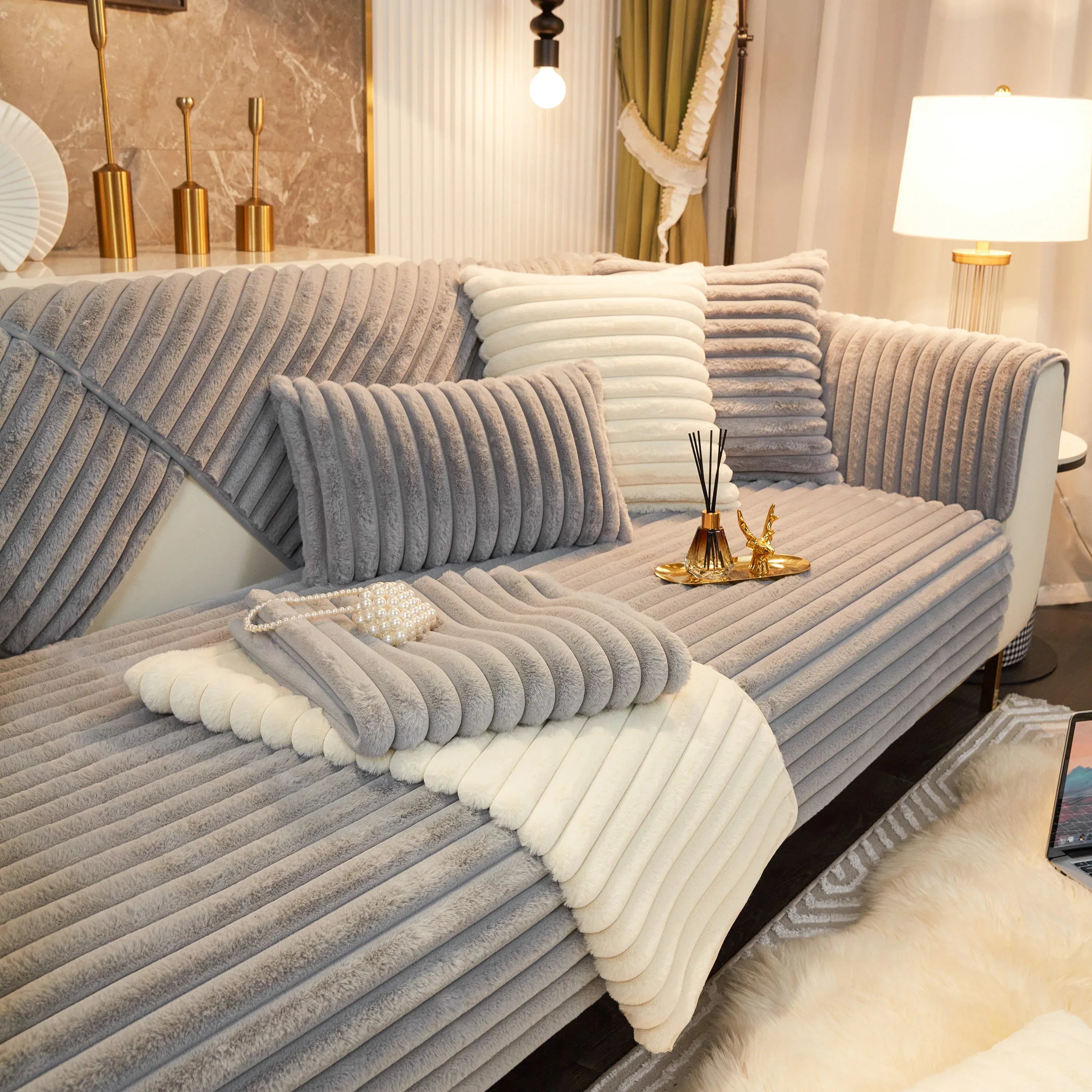 Winter Thickened Rabbit Plush Non-slip Sofa Cushion, Faux Fur Fluffy Furniture Protector - TaroTextile