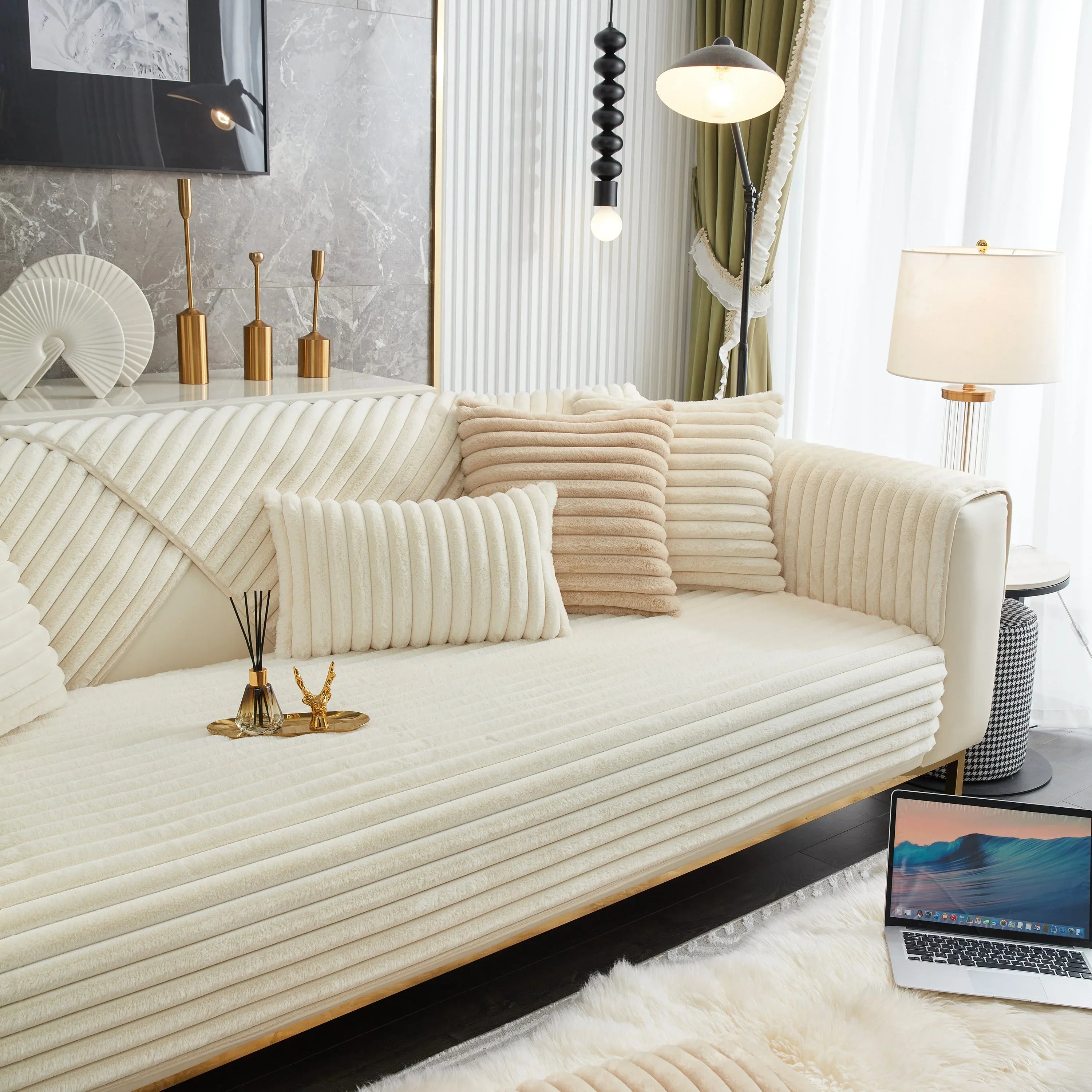 Winter Thickened Rabbit Plush Non-slip Sofa Cushion, Faux Fur Fluffy Furniture Protector - TaroTextile