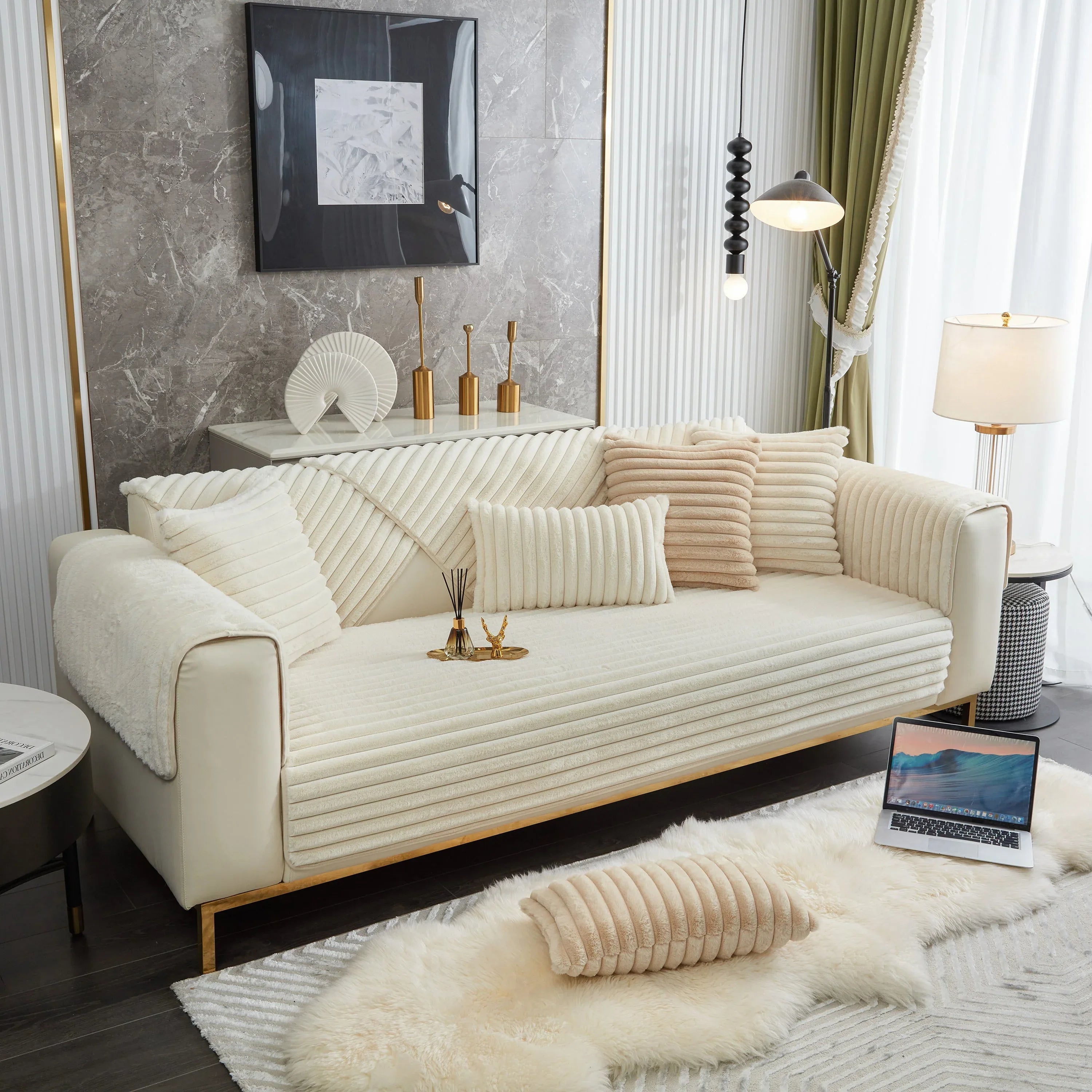 Winter Thickened Rabbit Plush Non-slip Sofa Cushion, Faux Fur Fluffy Furniture Protector - TaroTextile