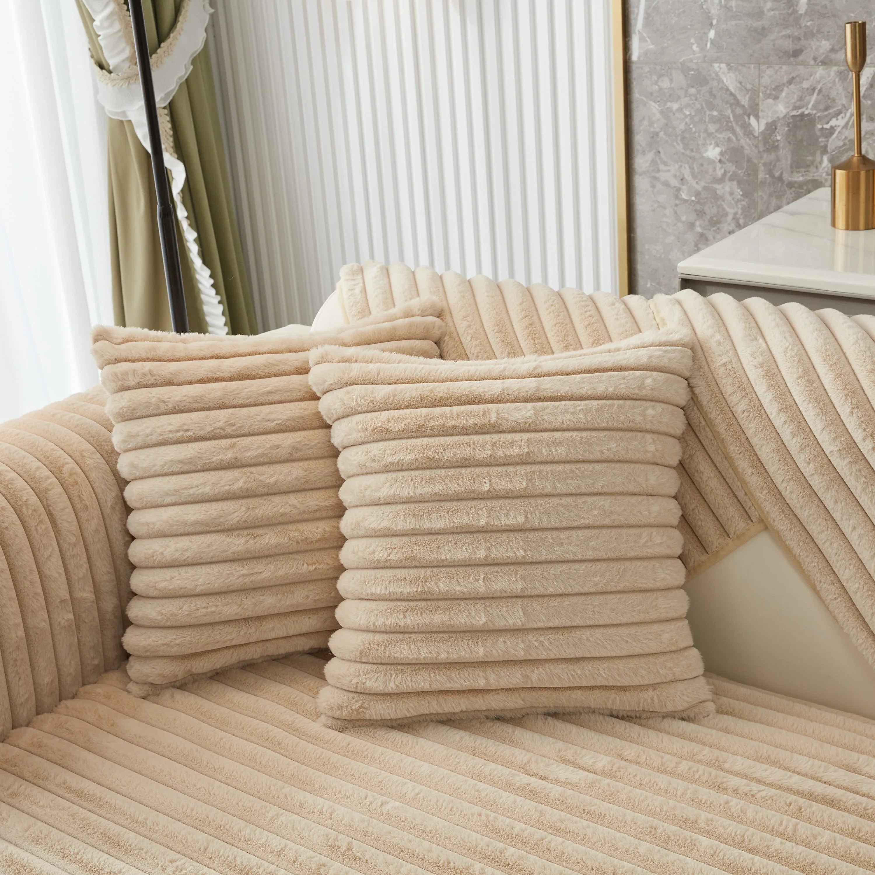 Winter Thickened Rabbit Plush Non-slip Sofa Cushion, Faux Fur Fluffy Furniture Protector - TaroTextile