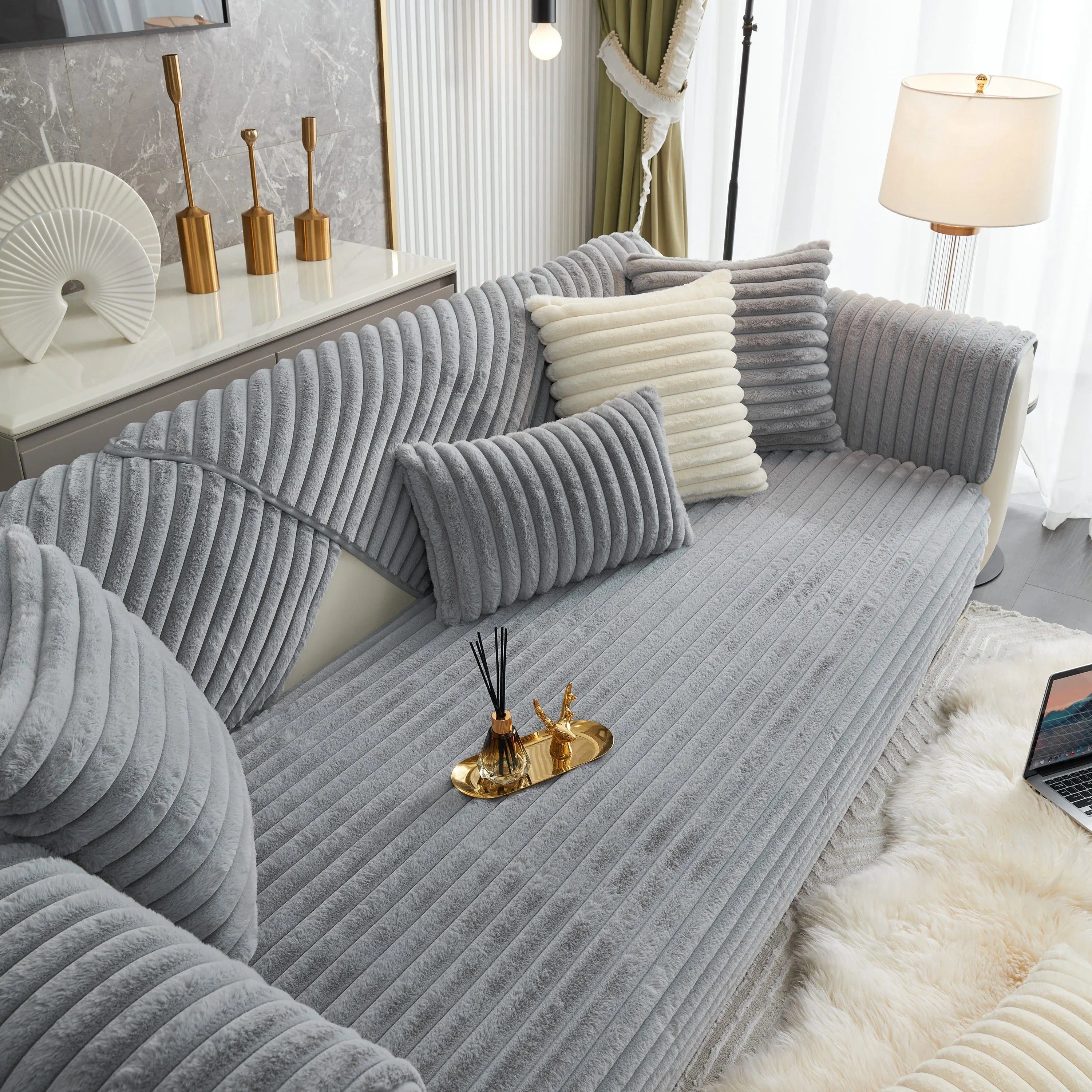 Winter Thickened Rabbit Plush Non-slip Sofa Cushion, Faux Fur Fluffy Furniture Protector - TaroTextile