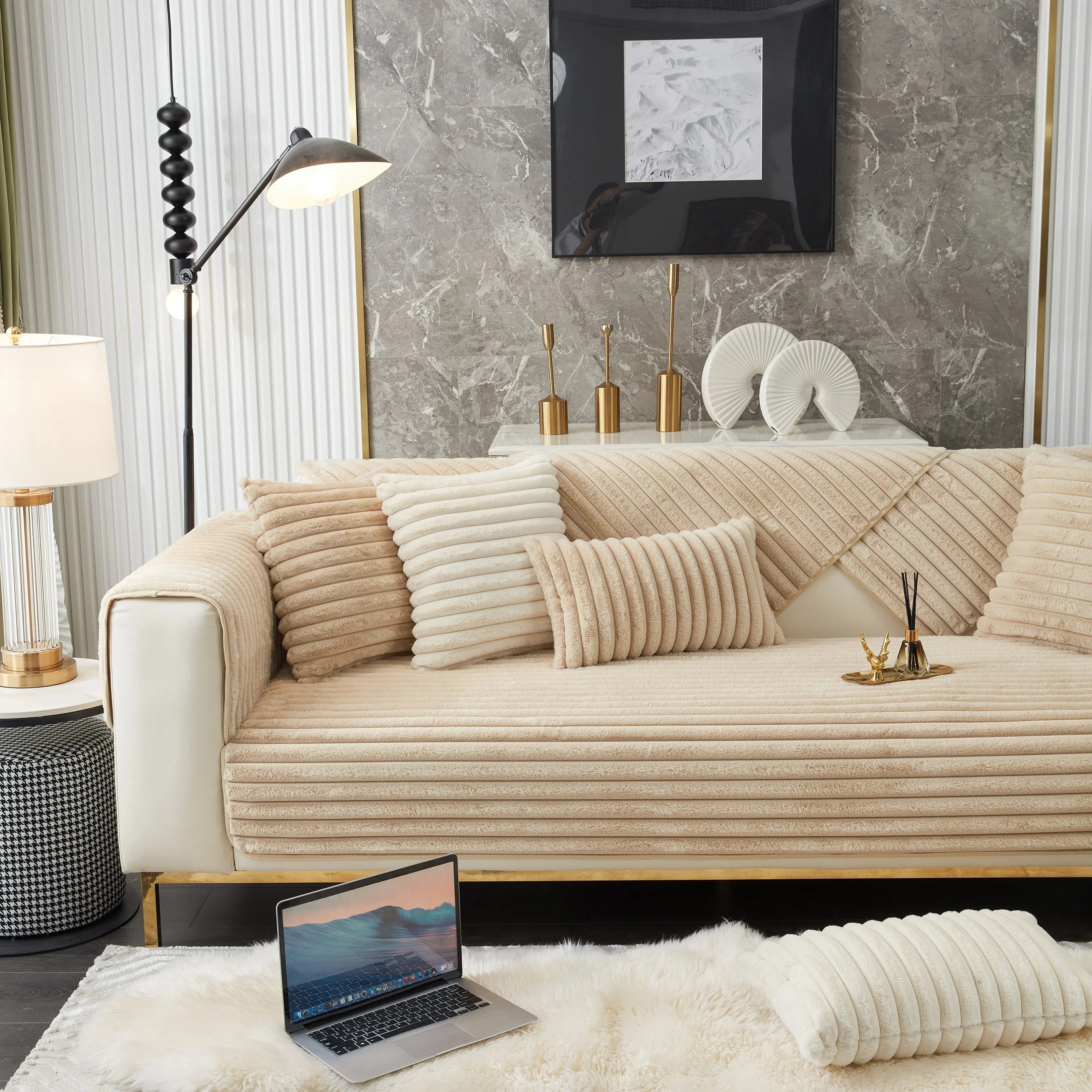 Winter Thickened Rabbit Plush Non-slip Sofa Cushion, Faux Fur Fluffy Furniture Protector - TaroTextile