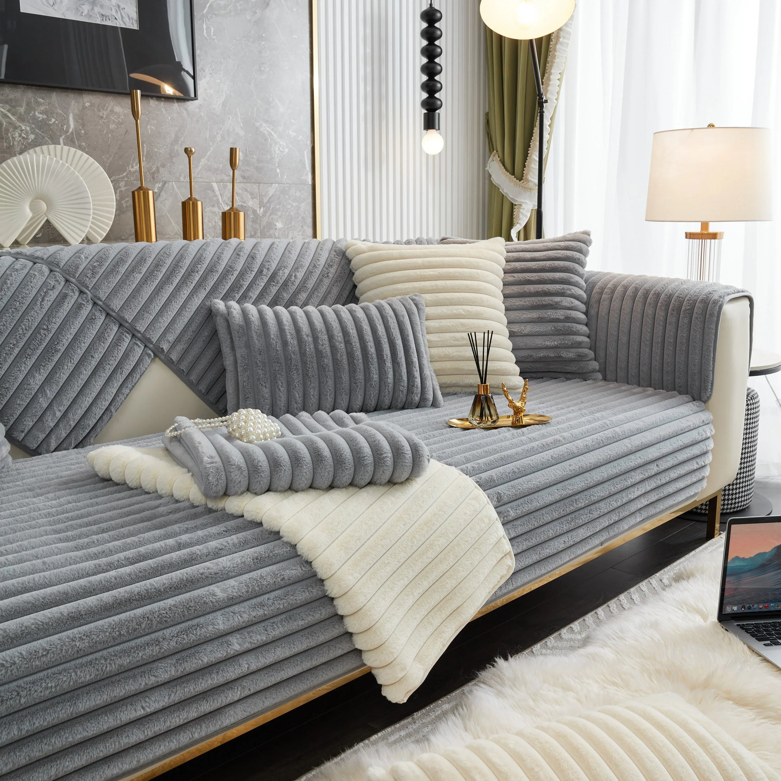 Winter Thickened Rabbit Plush Non-slip Sofa Cushion, Faux Fur Fluffy Furniture Protector - TaroTextile