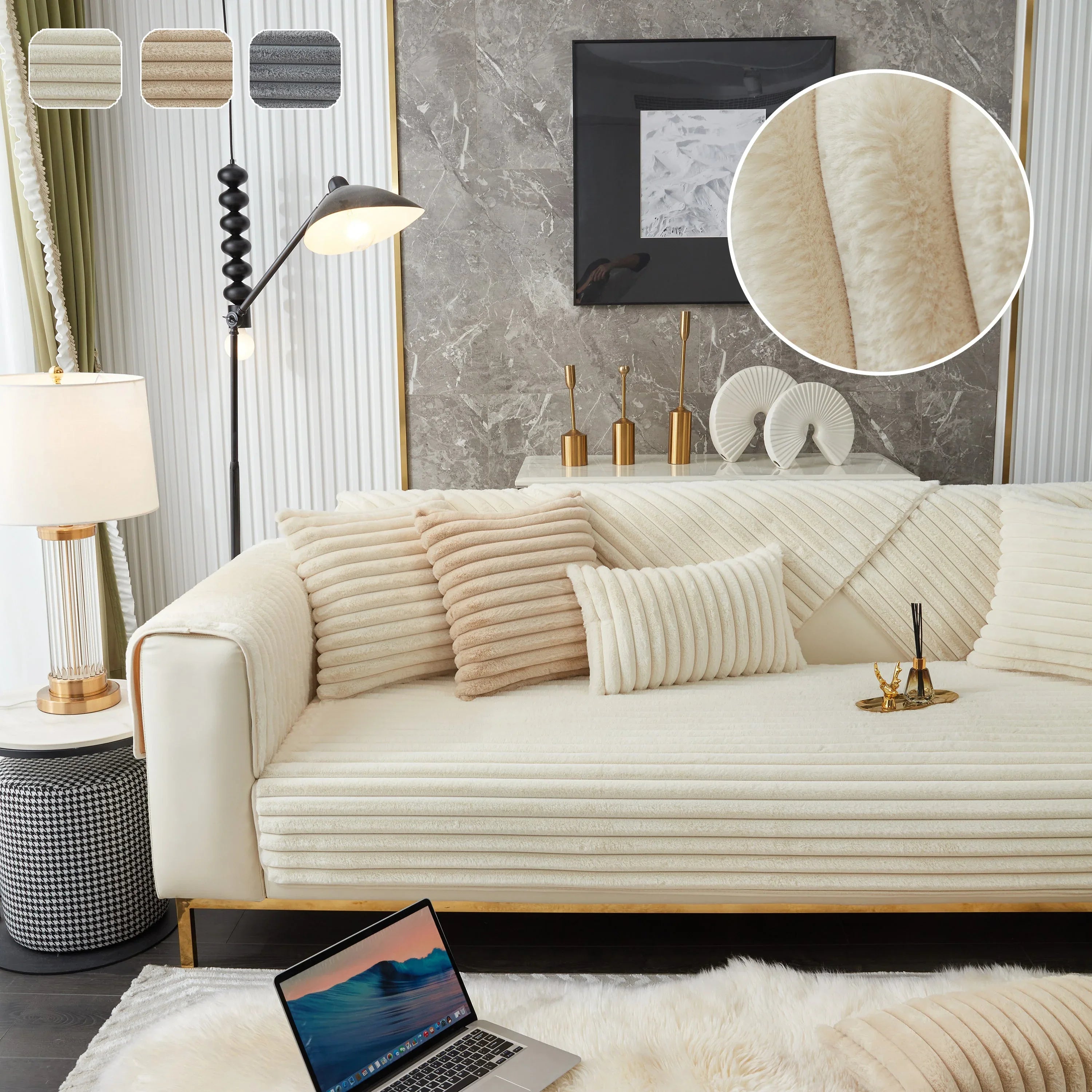 Winter Thickened Rabbit Plush Non-slip Sofa Cushion, Faux Fur Fluffy Furniture Protector - TaroTextile