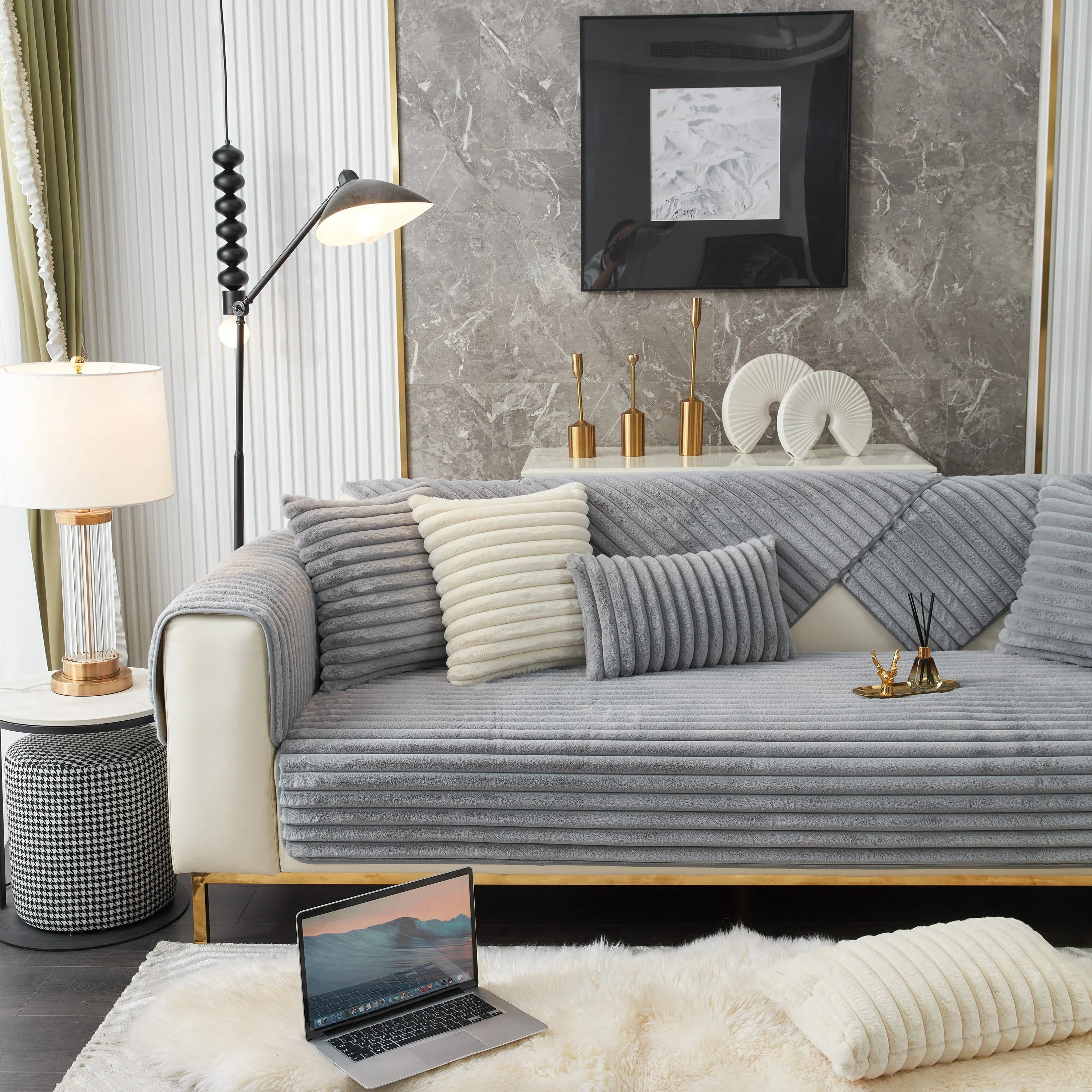 Winter Thickened Rabbit Plush Non-slip Sofa Cushion, Faux Fur Fluffy Furniture Protector - TaroTextile