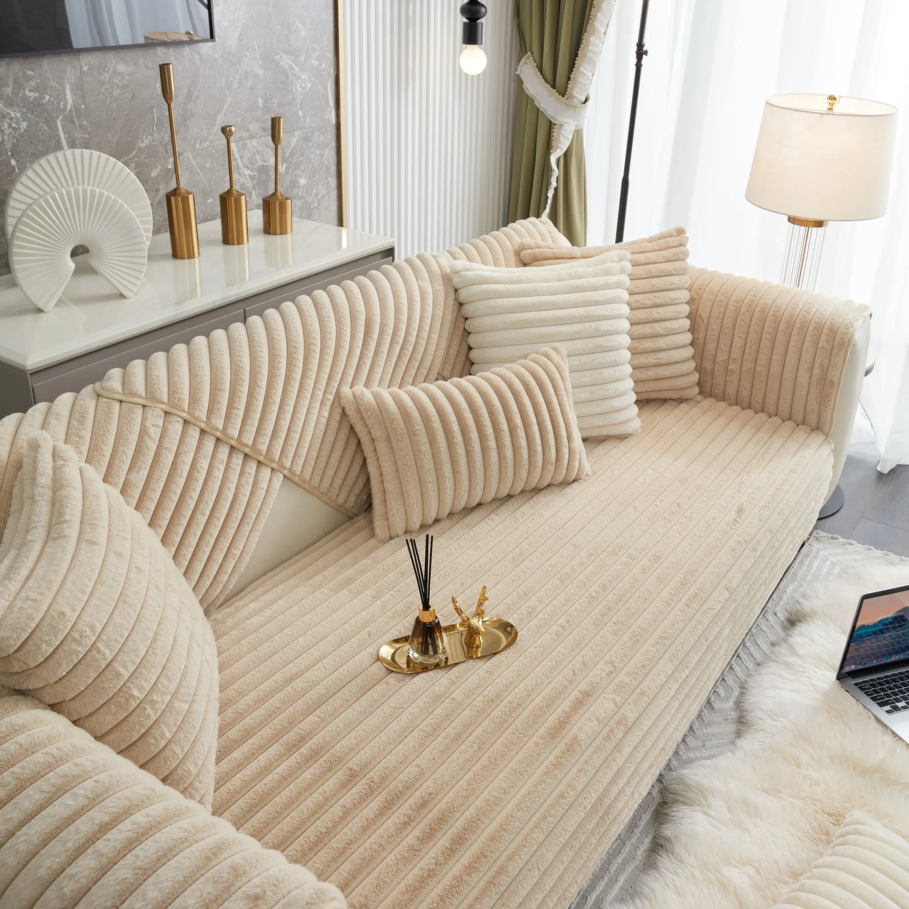 Winter Thickened Rabbit Plush Non-slip Sofa Cushion, Faux Fur Fluffy Furniture Protector - TaroTextile