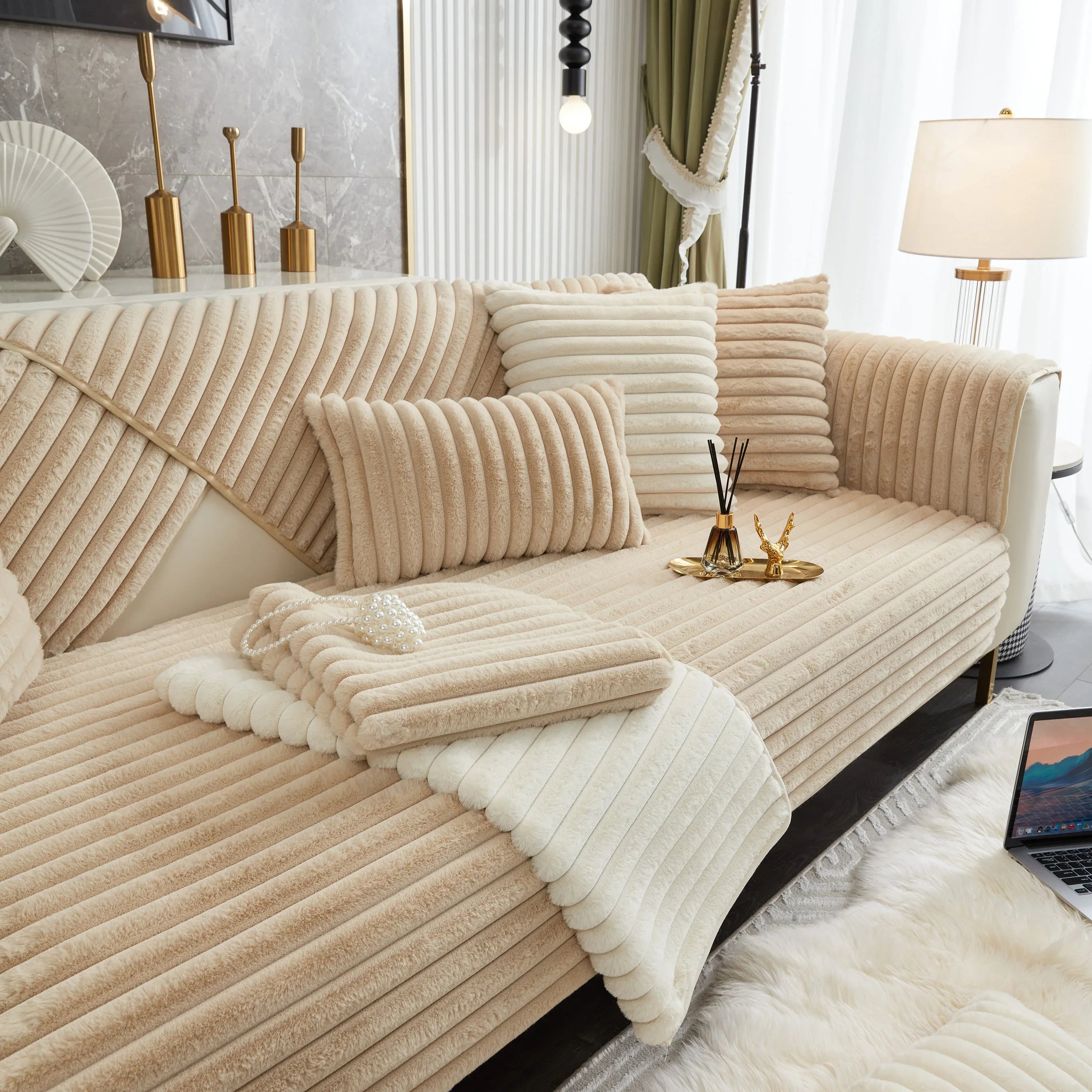 Winter Thickened Rabbit Plush Non-slip Sofa Cushion, Faux Fur Fluffy Furniture Protector - TaroTextile