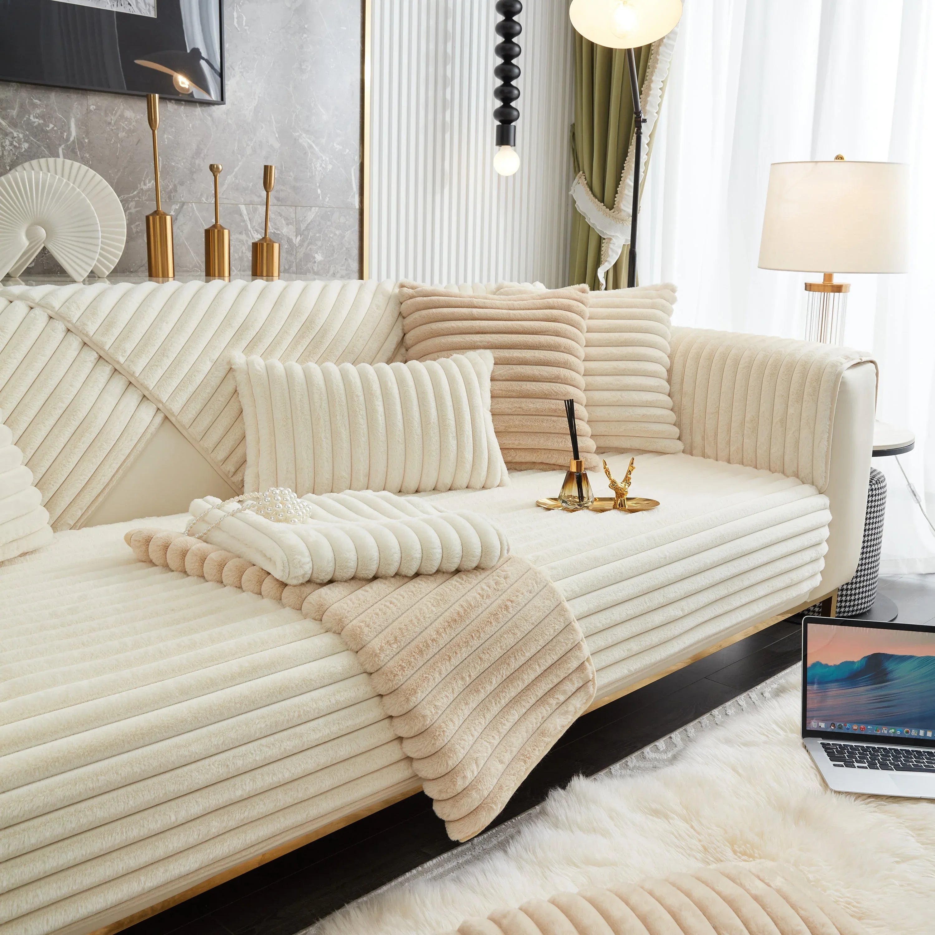 Winter Thickened Rabbit Plush Non-slip Sofa Cushion, Faux Fur Fluffy Furniture Protector - TaroTextile