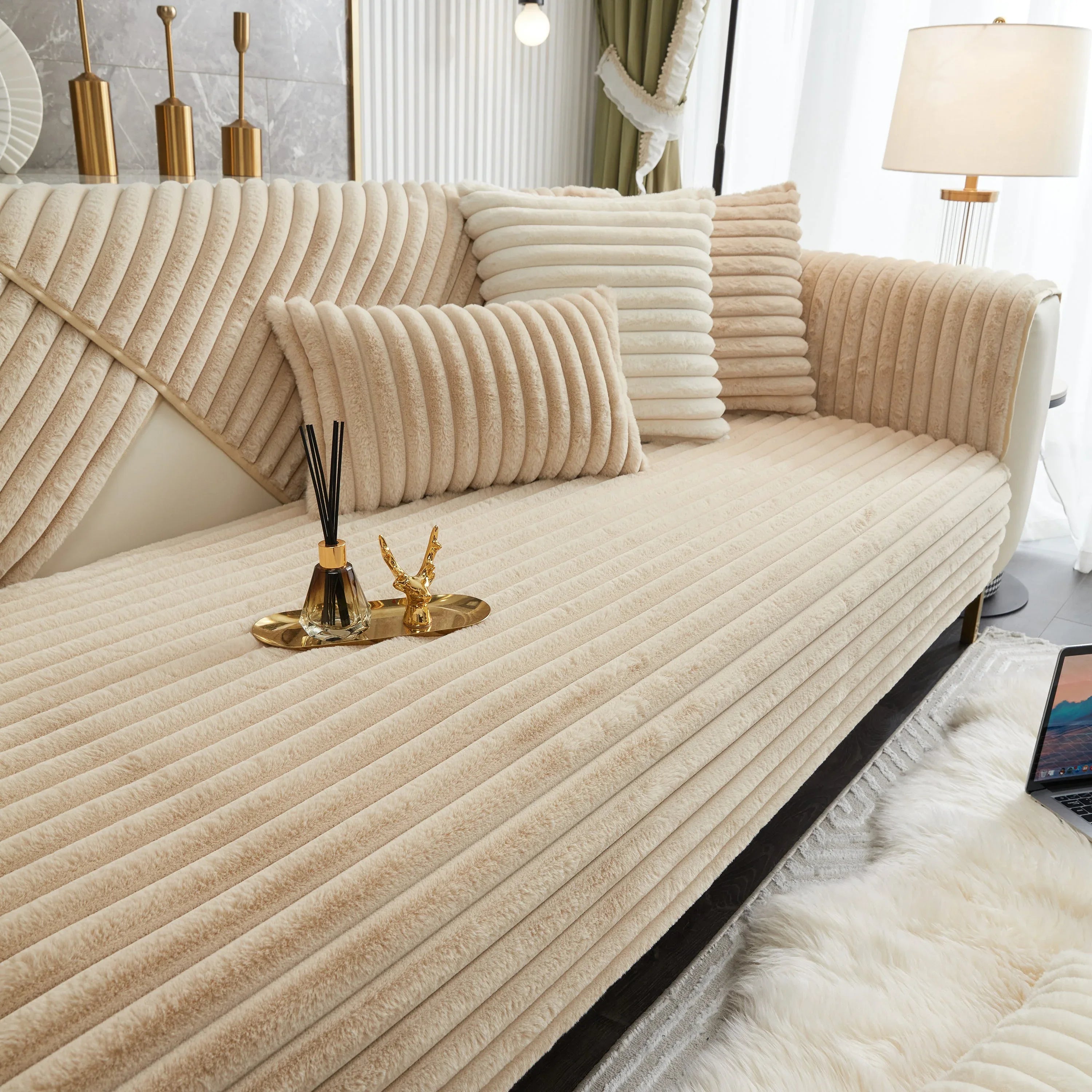 Winter Thickened Rabbit Plush Non-slip Sofa Cushion, Faux Fur Fluffy Furniture Protector - TaroTextile