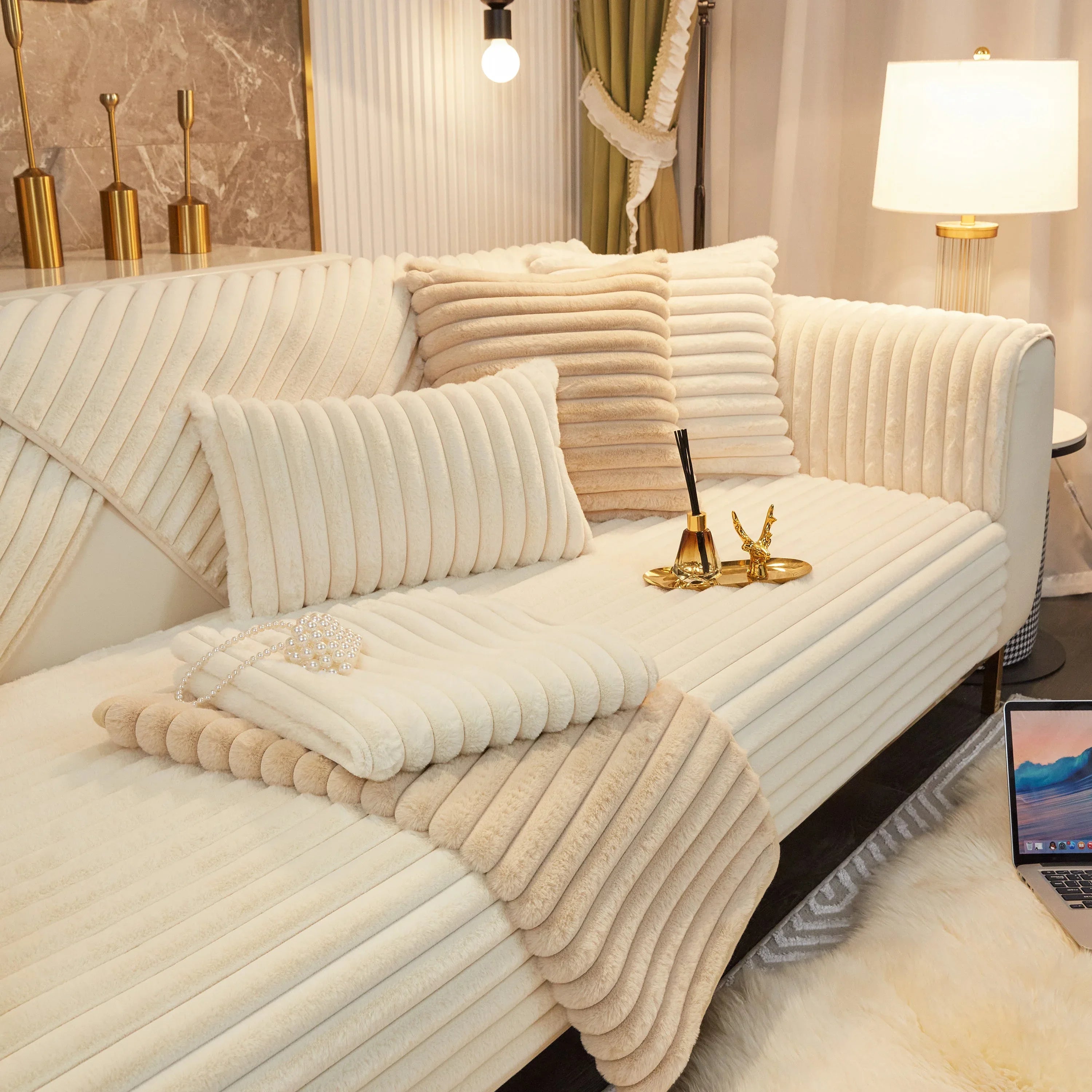 Winter Thickened Rabbit Plush Non-slip Sofa Cushion, Faux Fur Fluffy Furniture Protector - TaroTextile