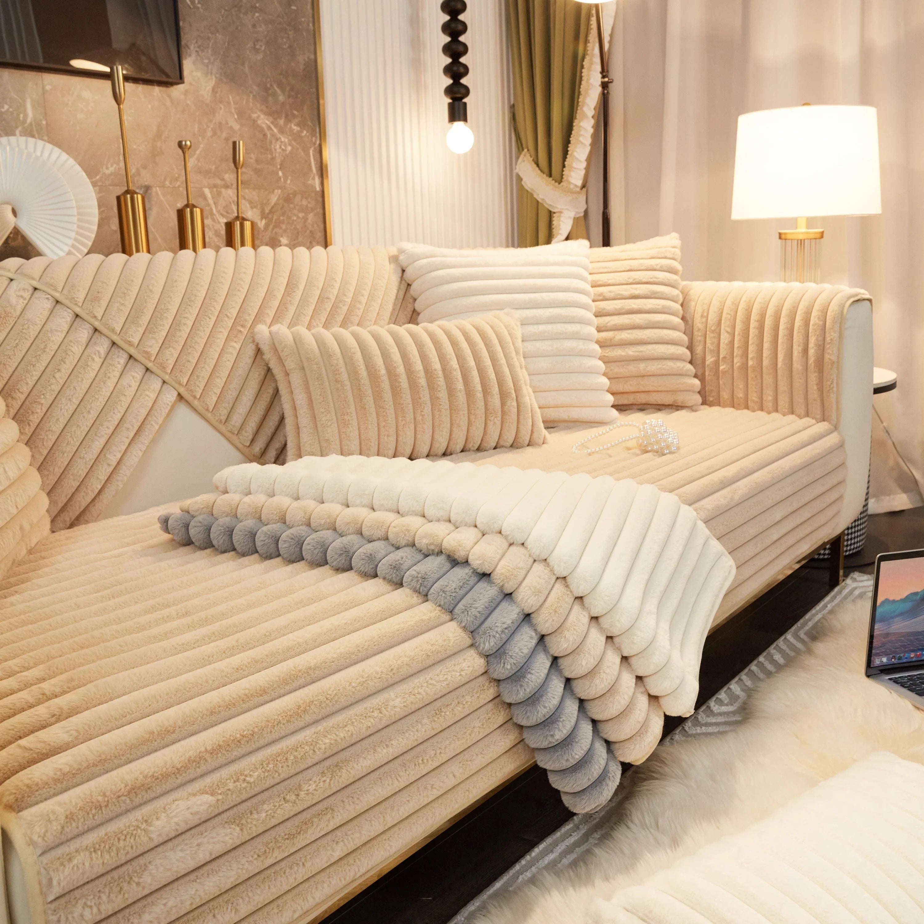 Winter Thickened Rabbit Plush Non-slip Sofa Cushion, Faux Fur Fluffy Furniture Protector - TaroTextile