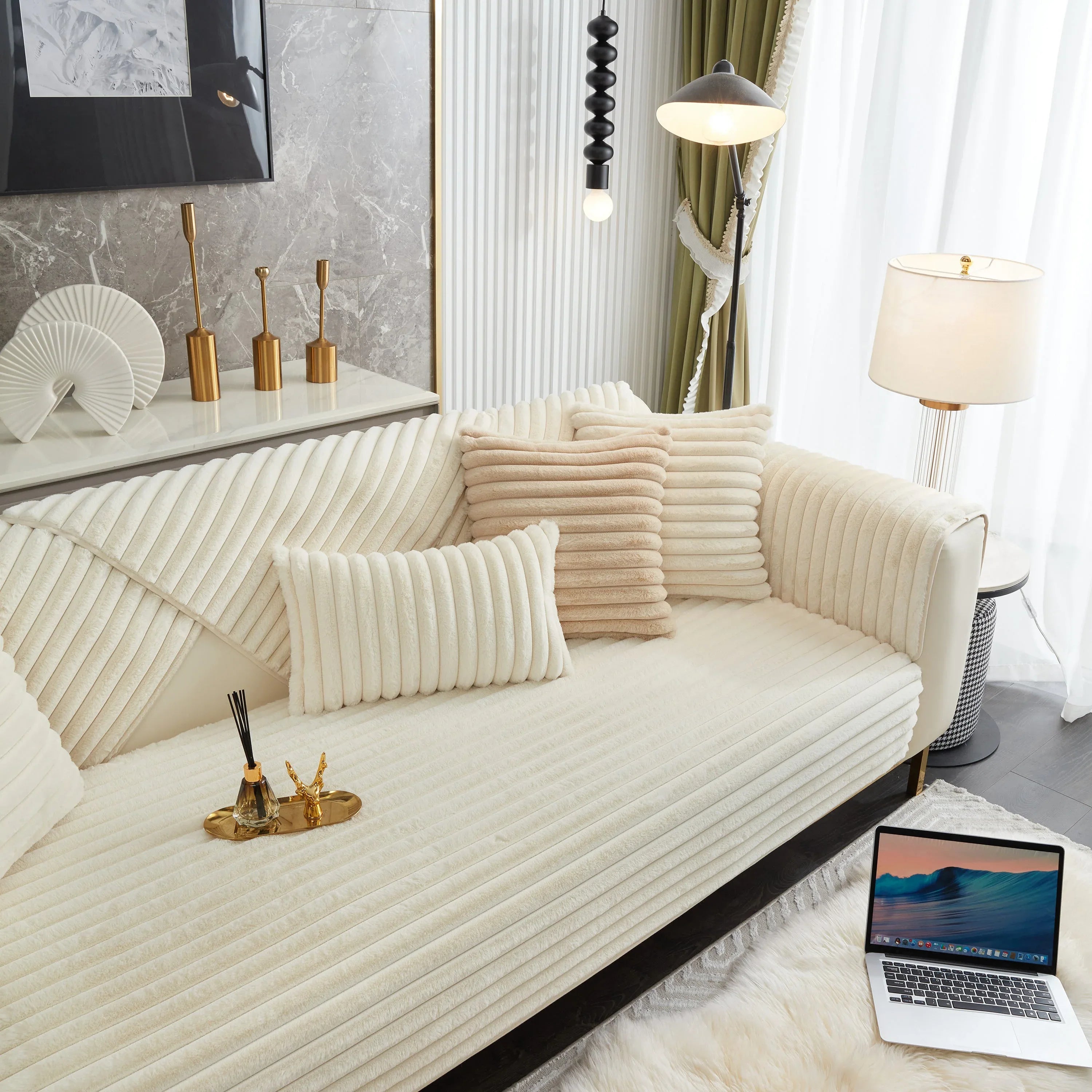 Winter Thickened Rabbit Plush Non-slip Sofa Cushion, Faux Fur Fluffy Furniture Protector - TaroTextile