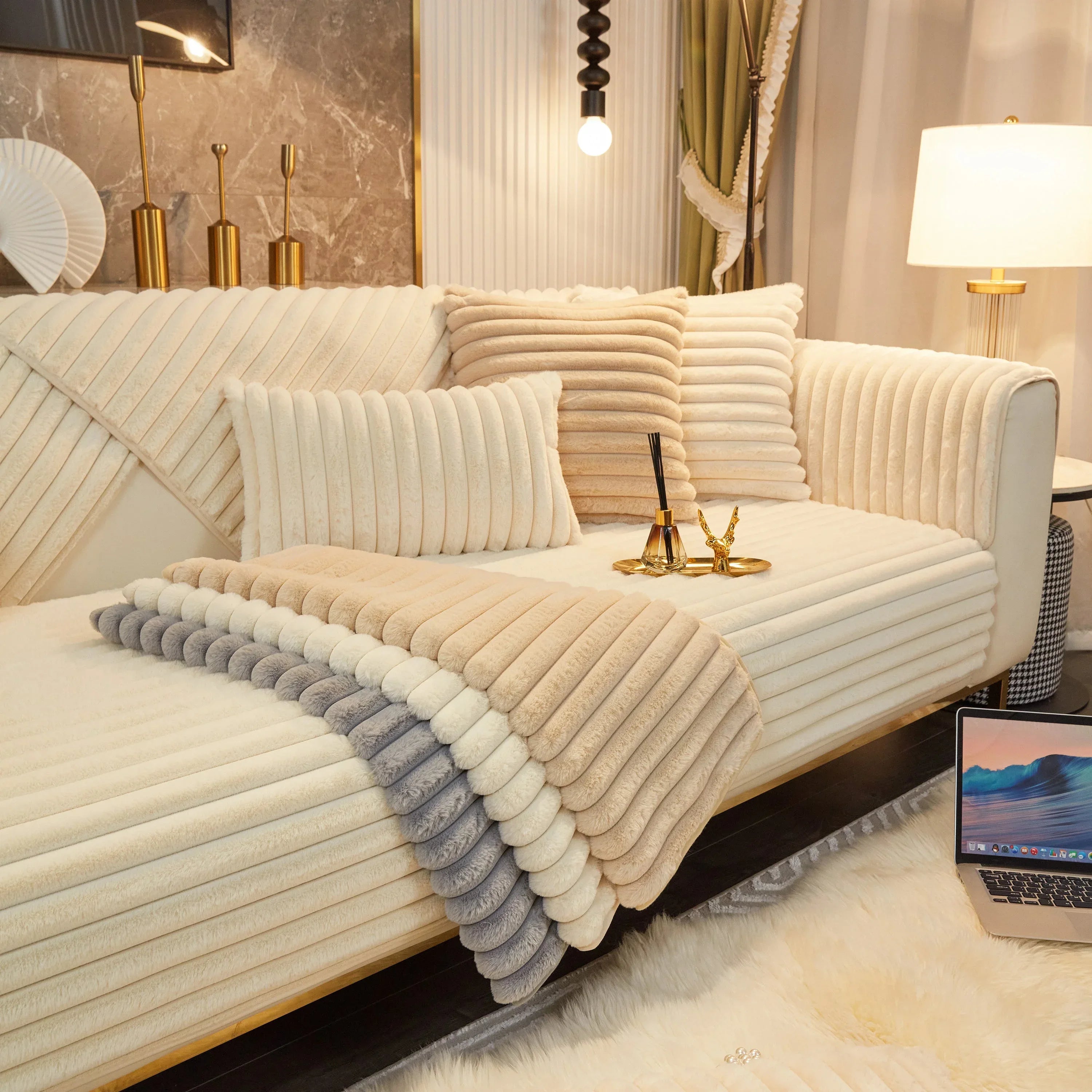 Winter Thickened Rabbit Plush Non-slip Sofa Cushion, Faux Fur Fluffy Furniture Protector - TaroTextile