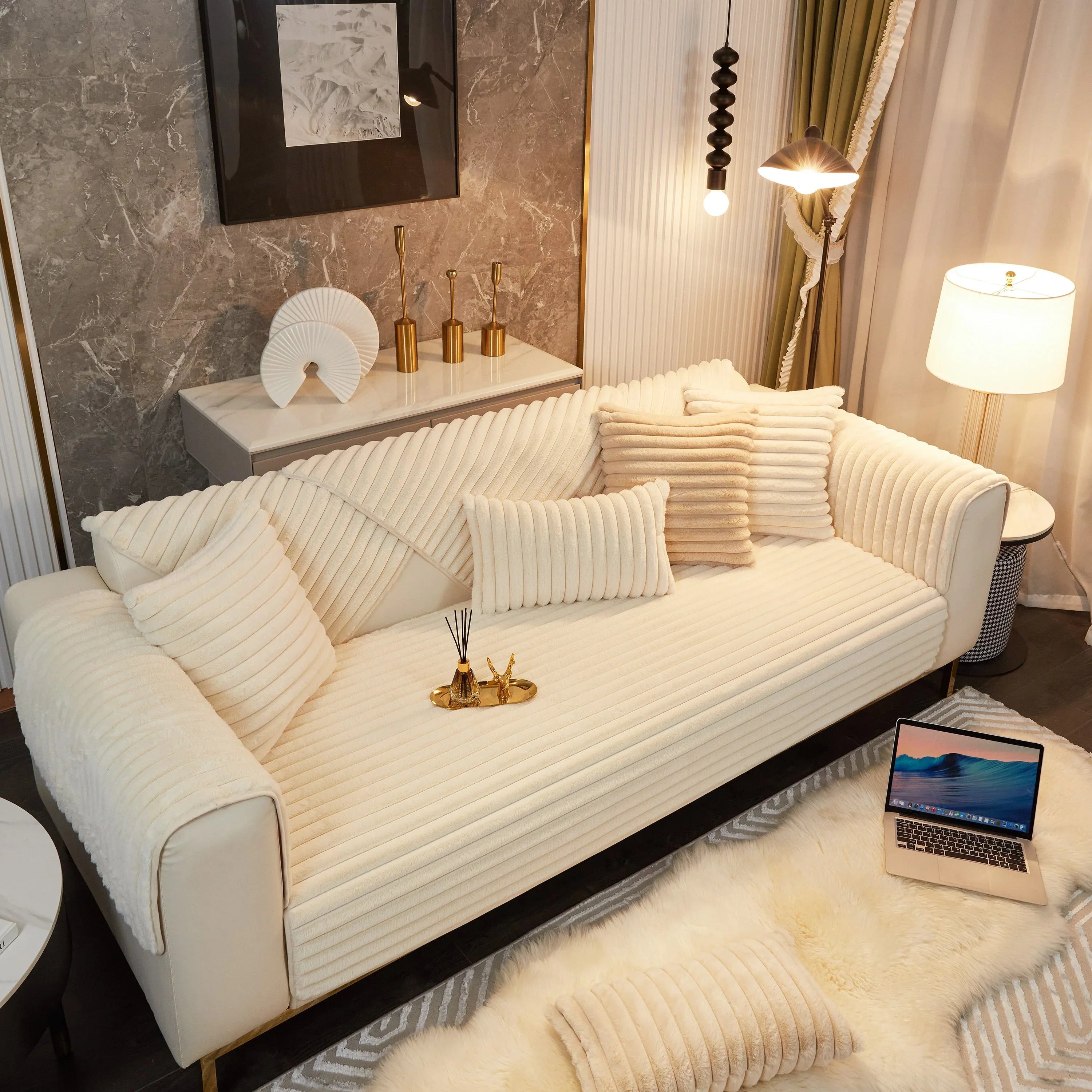 Winter Thickened Rabbit Plush Non-slip Sofa Cushion, Faux Fur Fluffy Furniture Protector - TaroTextile