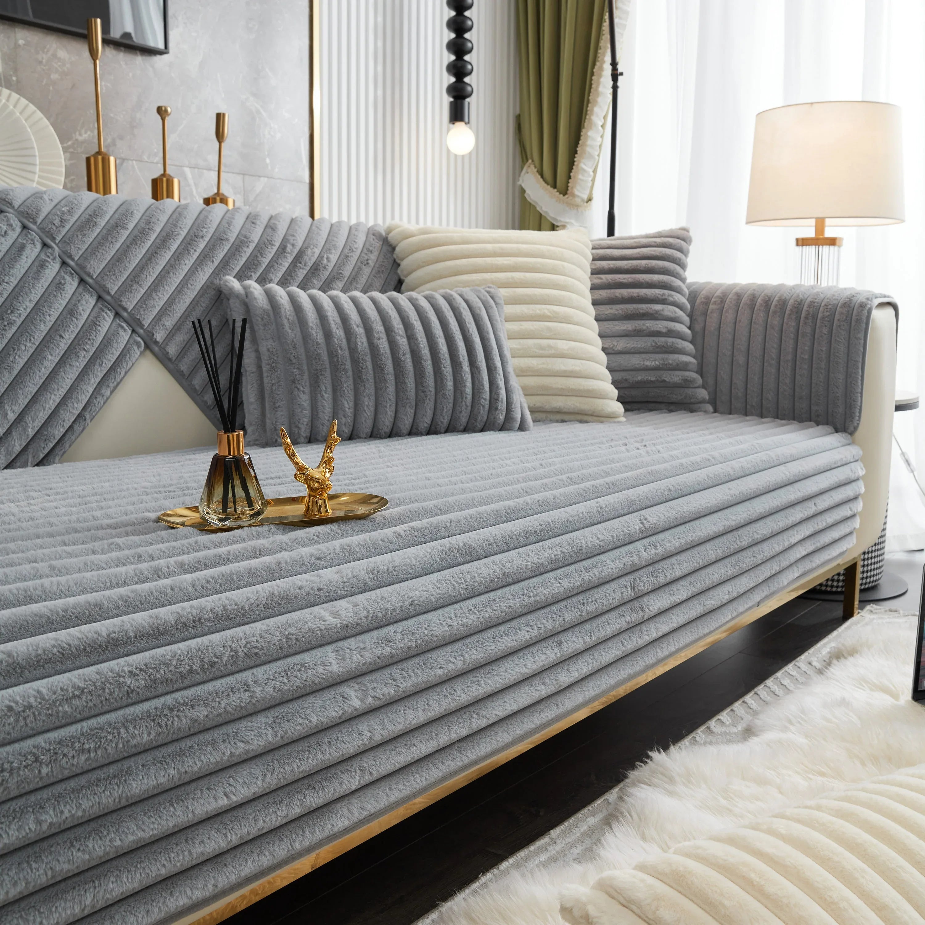 Winter Thickened Rabbit Plush Non-slip Sofa Cushion, Faux Fur Fluffy Furniture Protector - TaroTextile