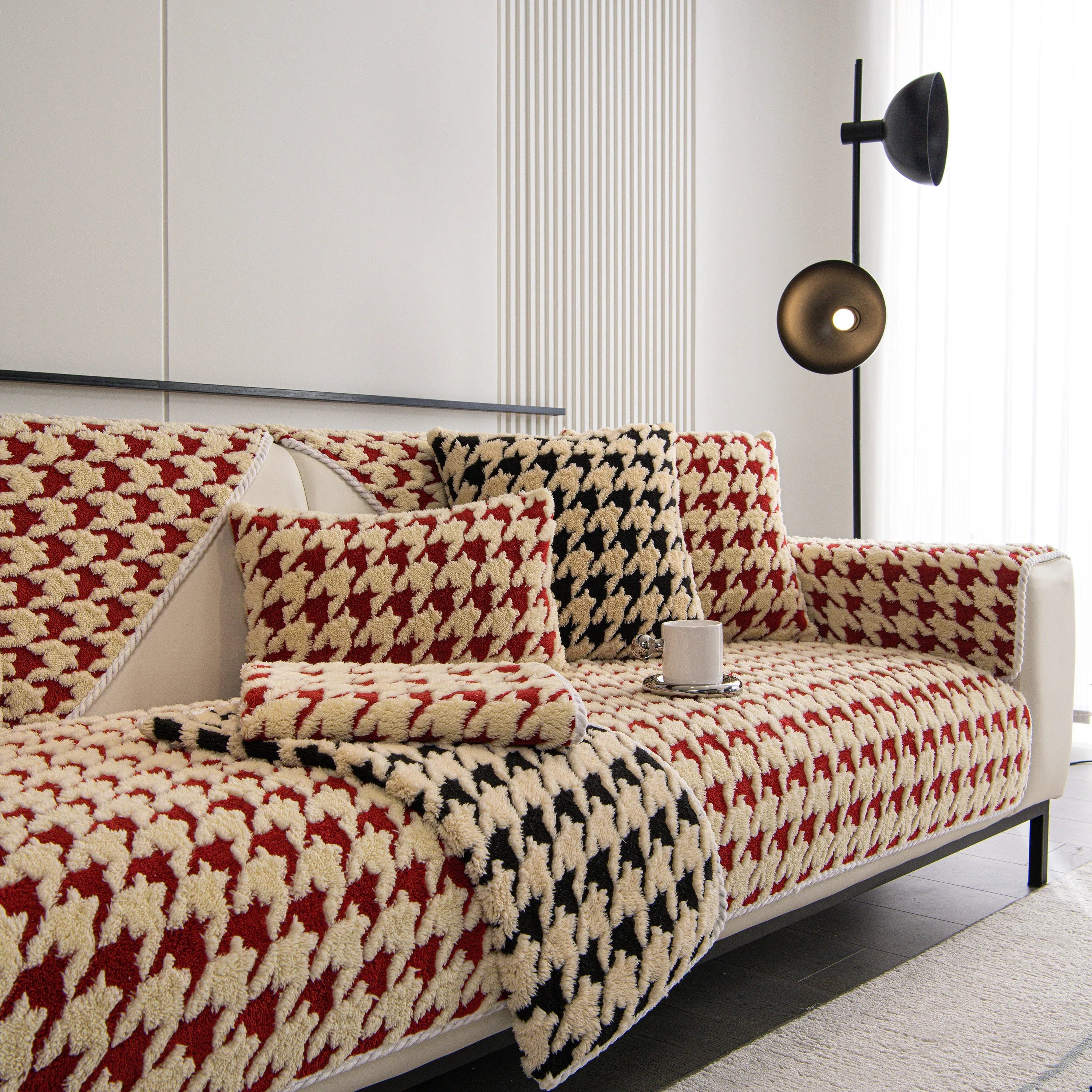 Winter Thickened Sherpa Fleece Houndstooth Sofa Cushion, Non-slip Sofa Cover with Plush - TaroTextile