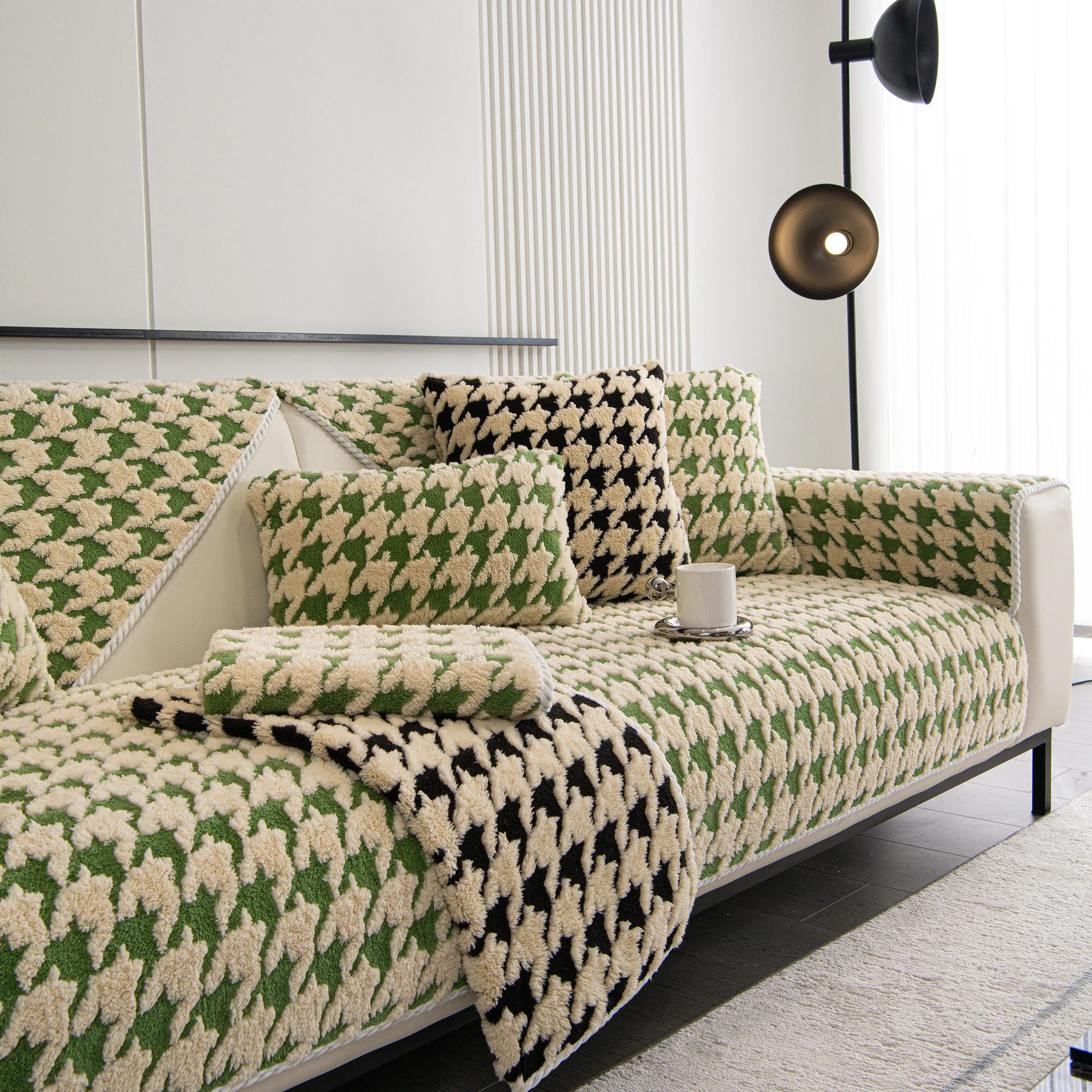 Winter Thickened Sherpa Fleece Houndstooth Sofa Cushion, Non-slip Sofa Cover with Plush - TaroTextile