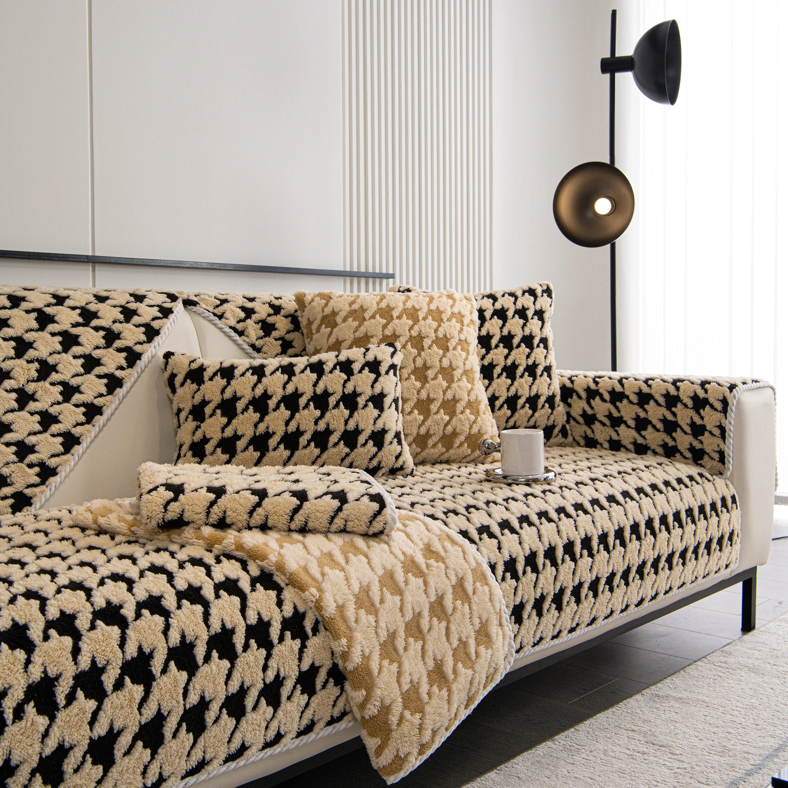 Winter Thickened Sherpa Fleece Houndstooth Sofa Cushion, Non-slip Sofa Cover with Plush - TaroTextile