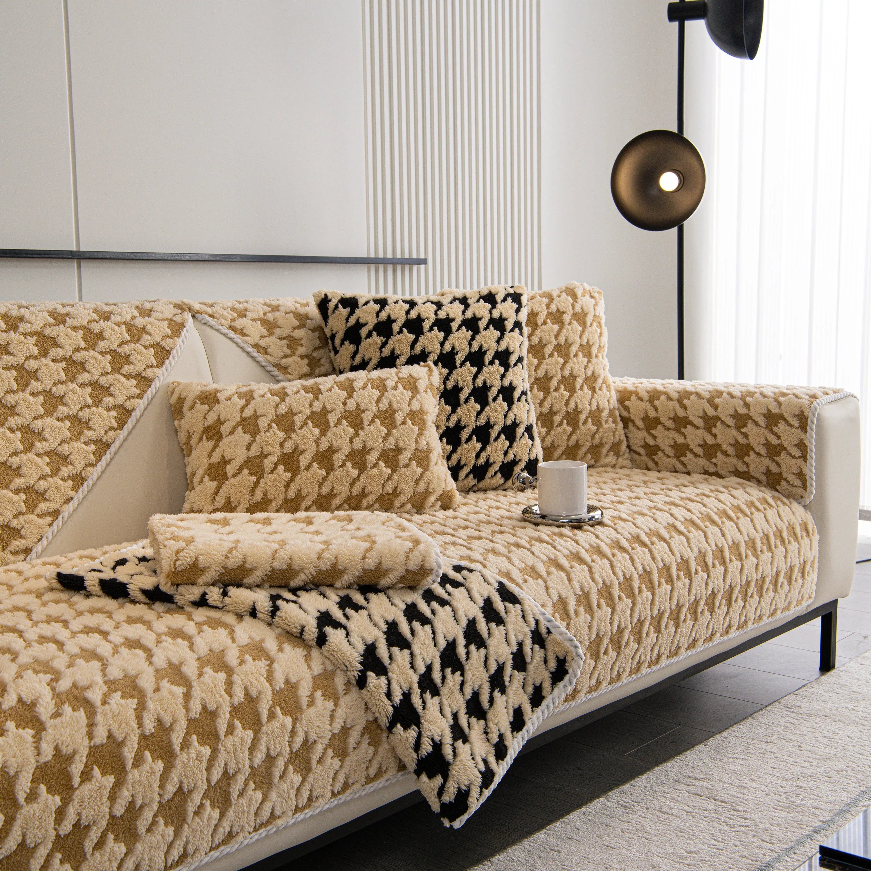 Winter Thickened Sherpa Fleece Houndstooth Sofa Cushion, Non-slip Sofa Cover with Plush - TaroTextile