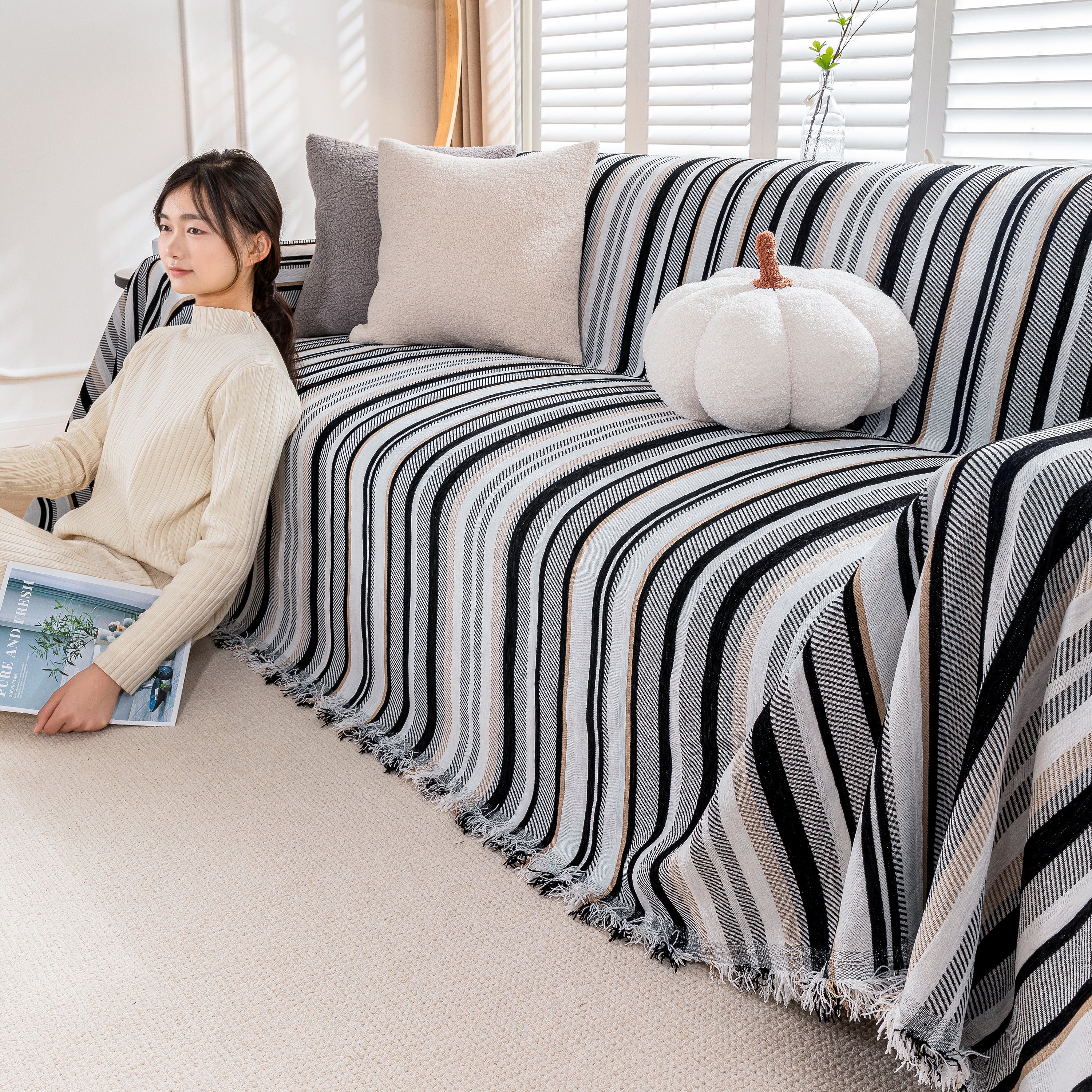 Modern Minimalist Sofa Throw Cover Cotton Knit Throws for Couch Scratch Proof Couch Cover