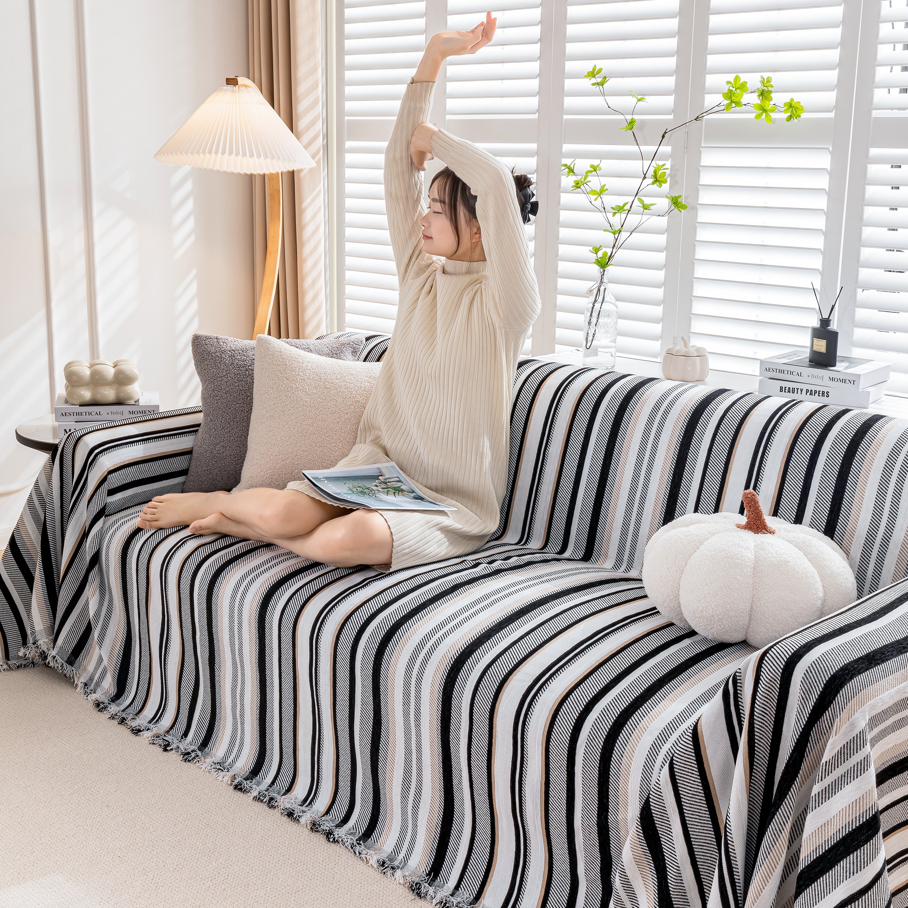Modern Minimalist Sofa Throw Cover Cotton Knit Throws for Couch Scratch Proof Couch Cover