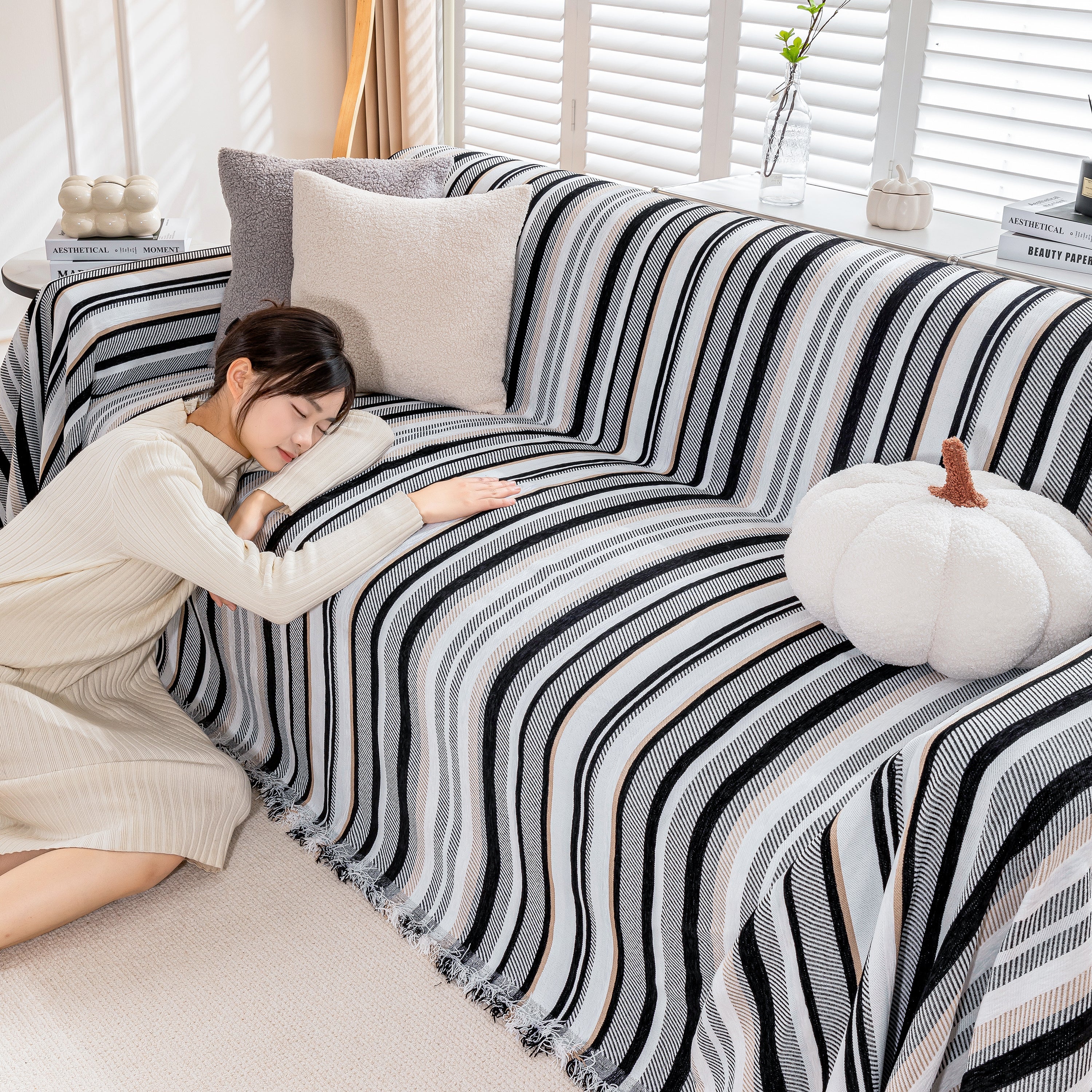 Modern Minimalist Sofa Throw Cover Cotton Knit Throws for Couch Scratch Proof Couch Cover