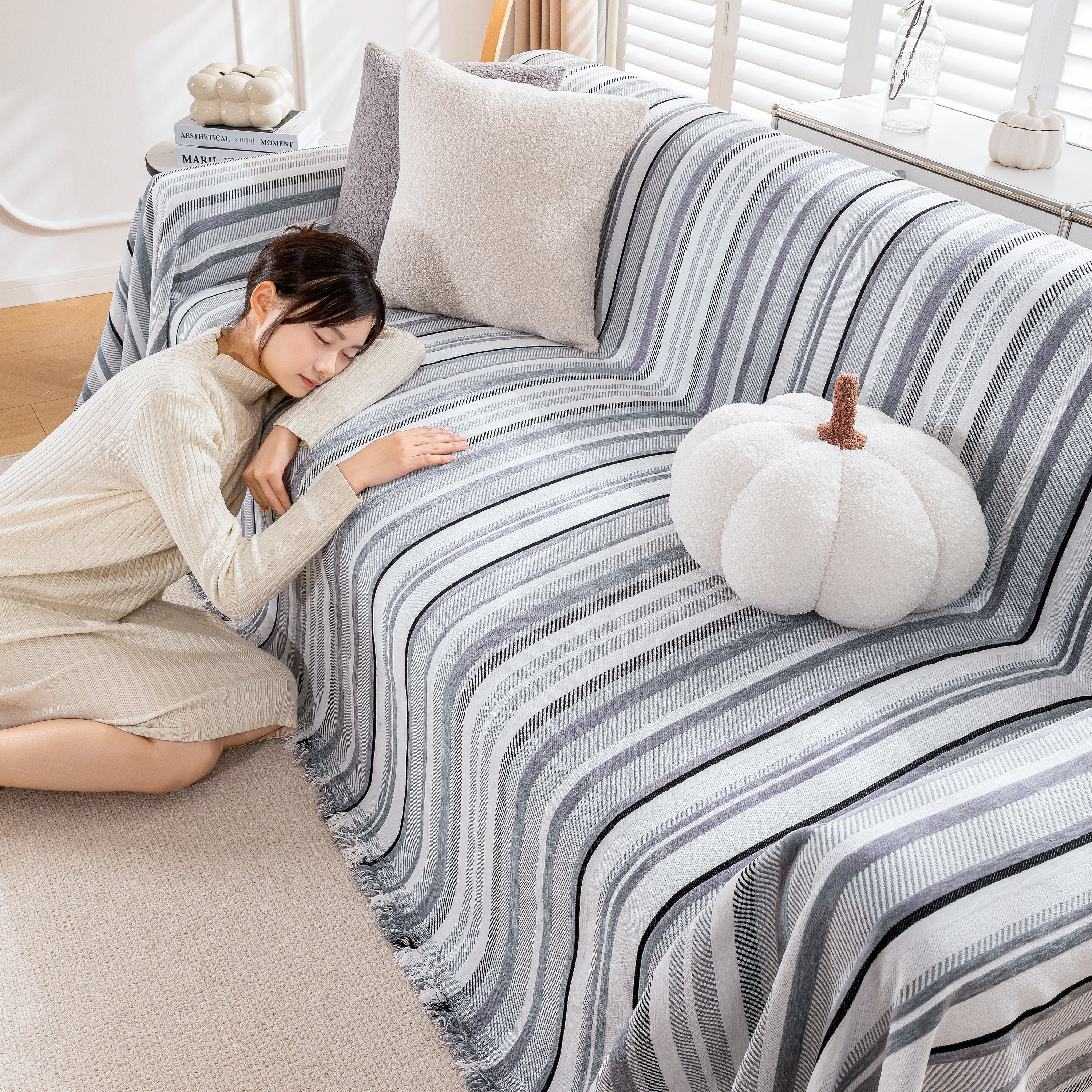 Modern Minimalist Sofa Throw Cover Cotton Knit Throws for Couch Scratch Proof Couch Cover
