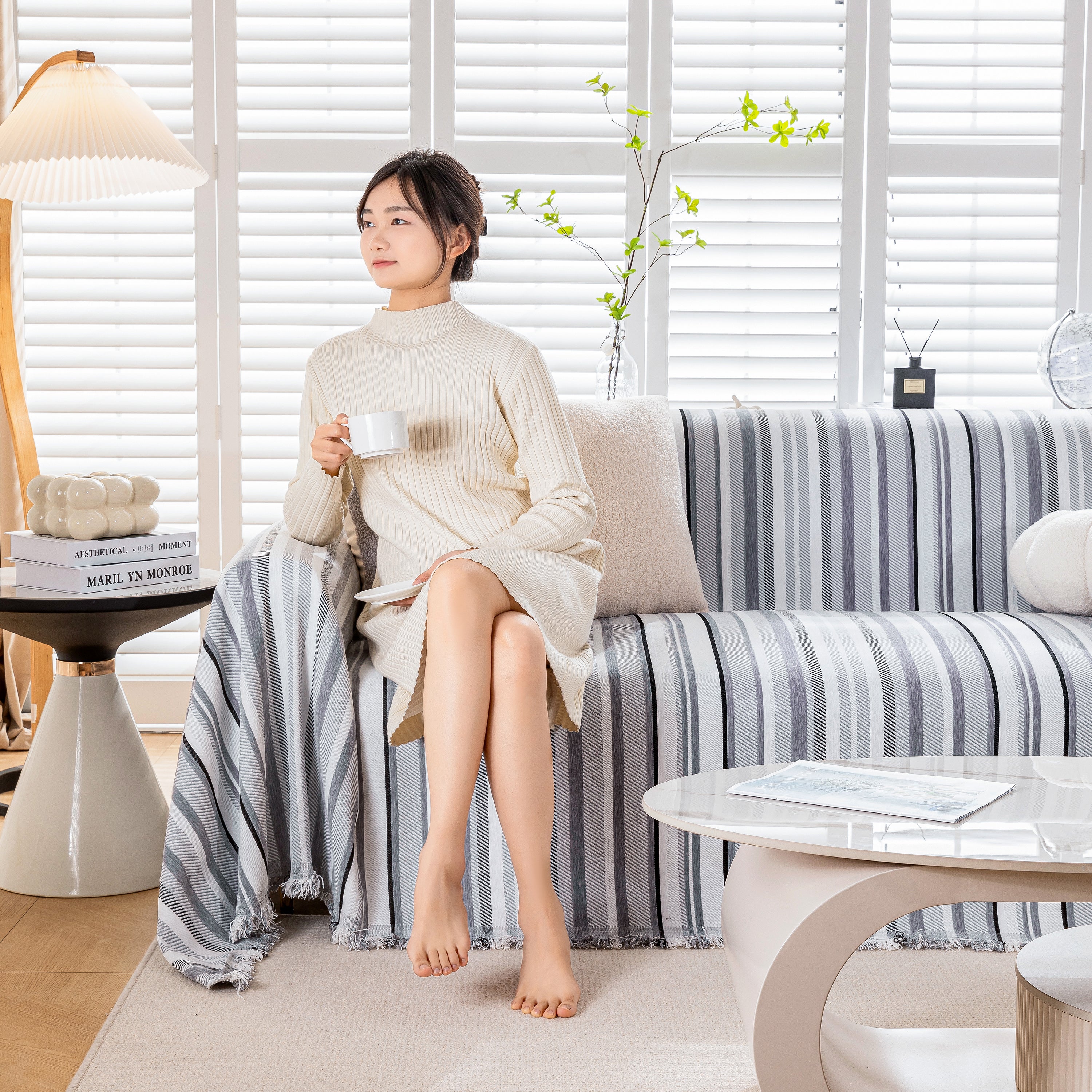 Modern Minimalist Sofa Throw Cover Cotton Knit Throws for Couch Scratch Proof Couch Cover