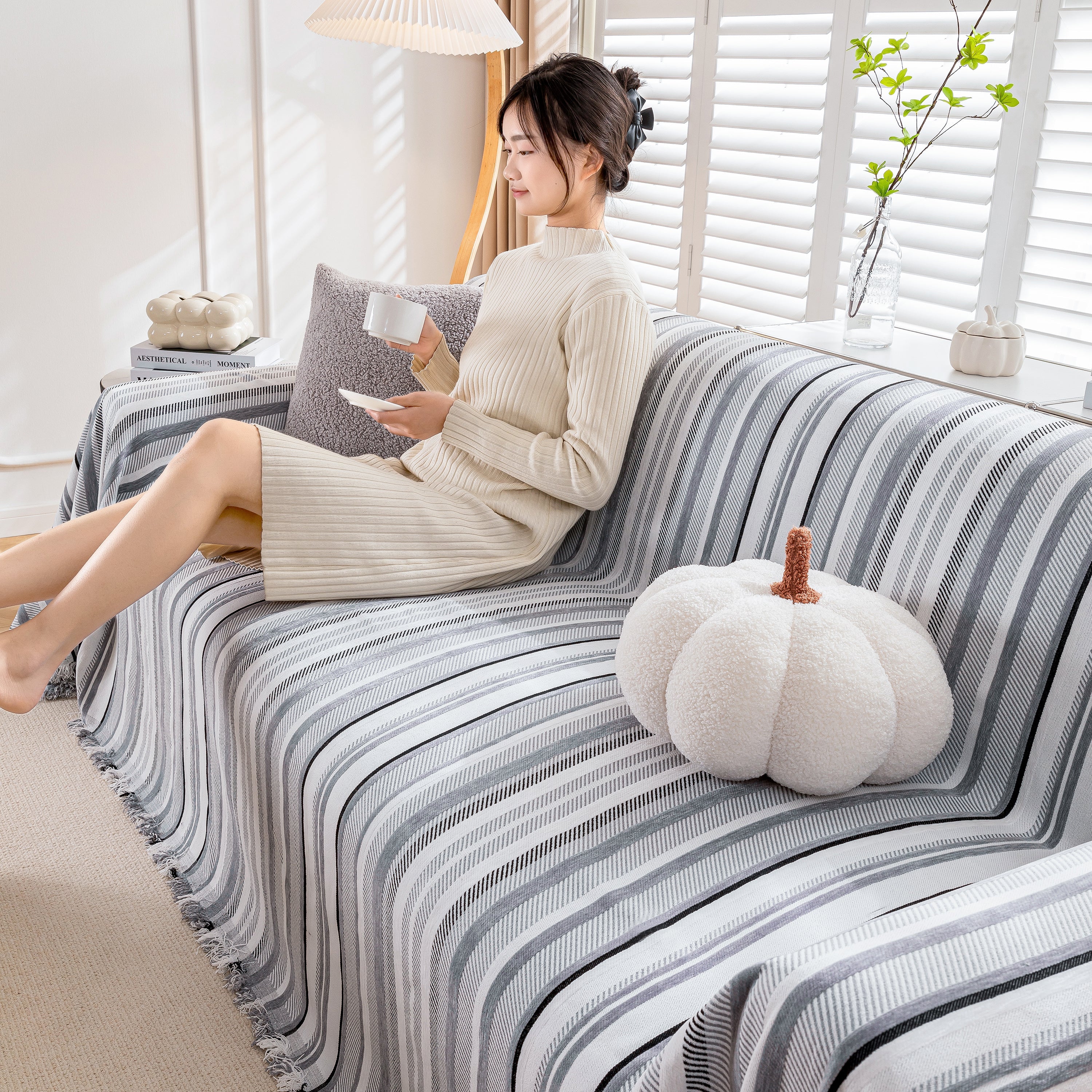 Modern Minimalist Sofa Throw Cover Cotton Knit Throws for Couch Scratch Proof Couch Cover