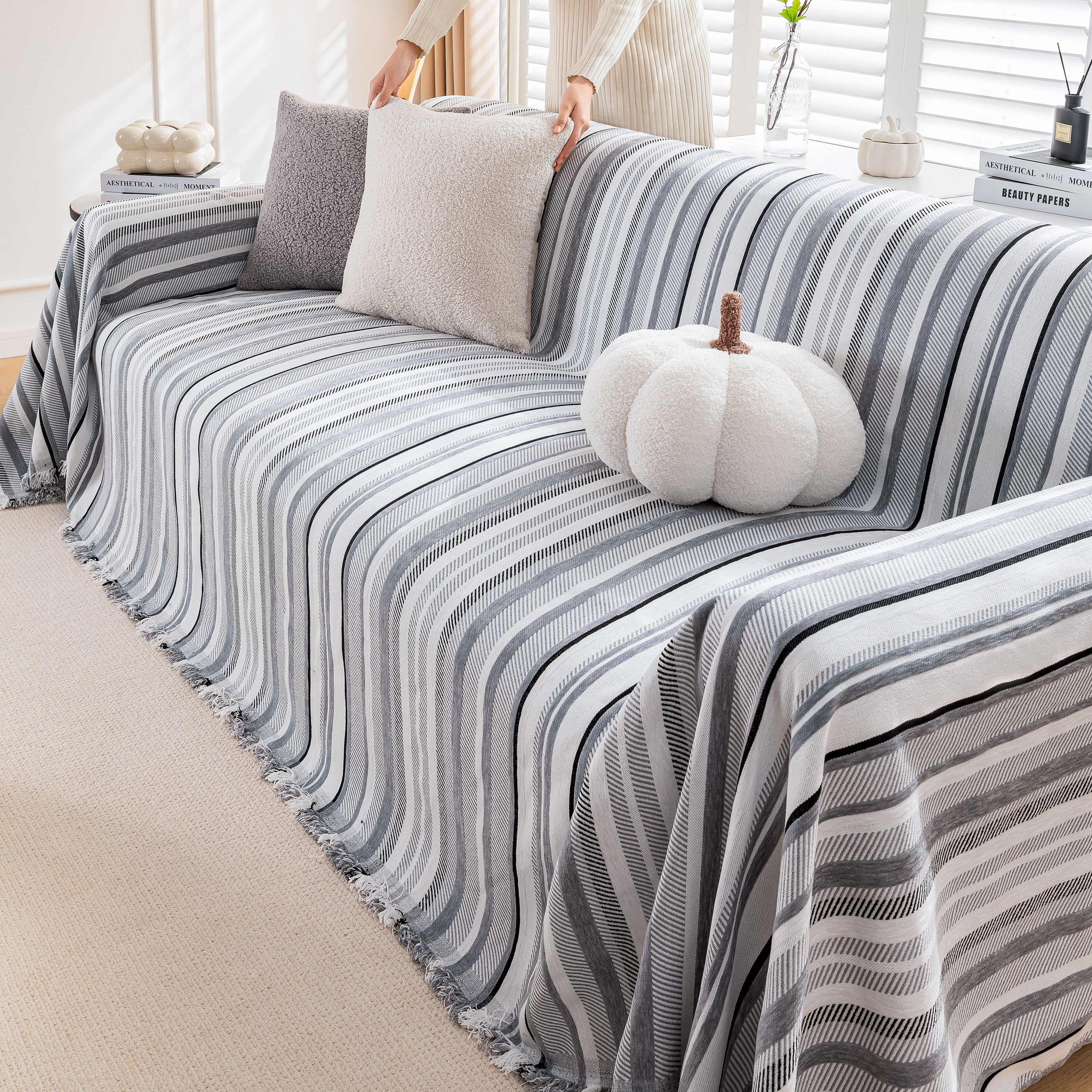 Modern Minimalist Sofa Throw Cover Cotton Knit Throws for Couch Scratch Proof Couch Cover