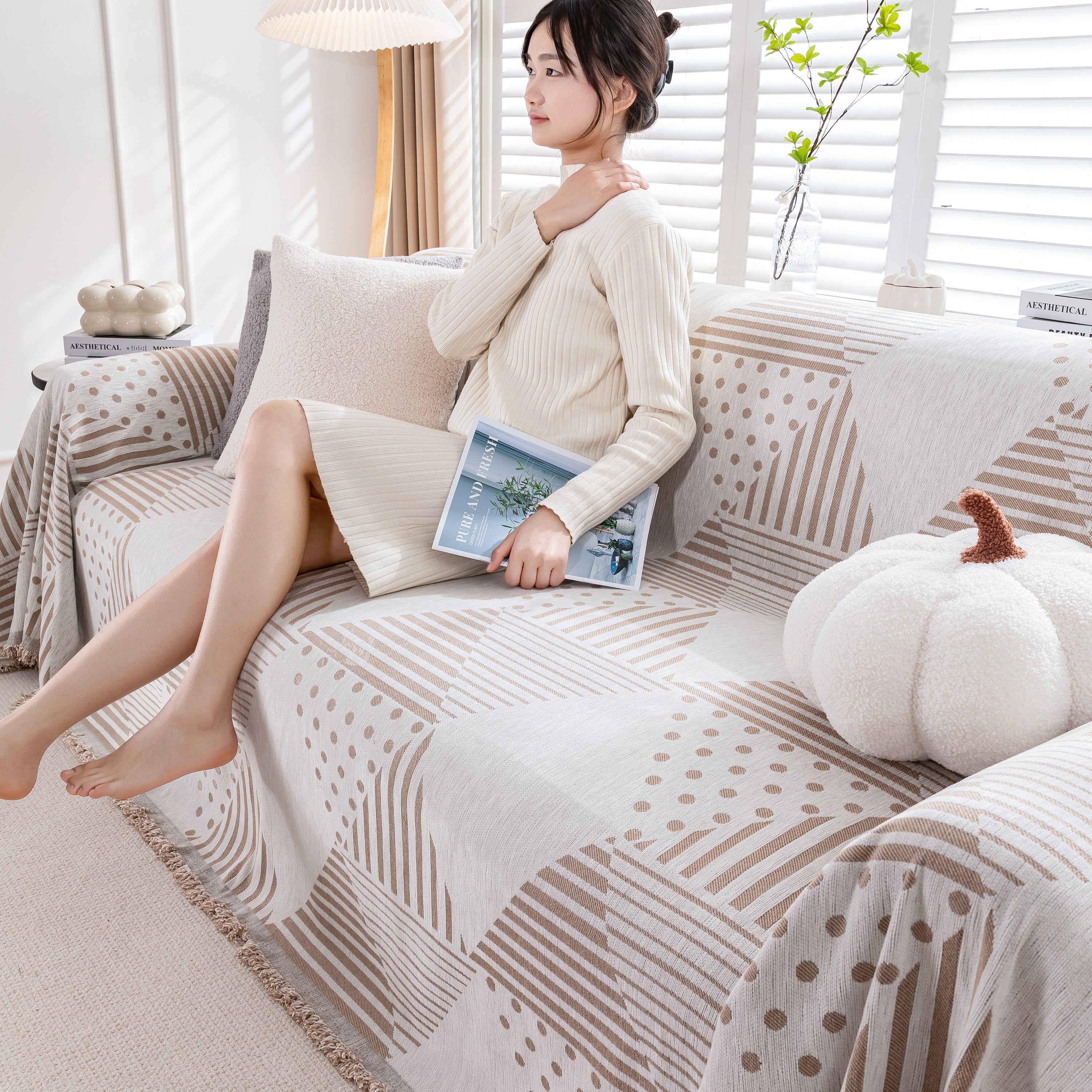 Chenille Geometric Patterned Sofa Throw, Couch Covers for Sectionals for Pets, Throw Cover for Couch
